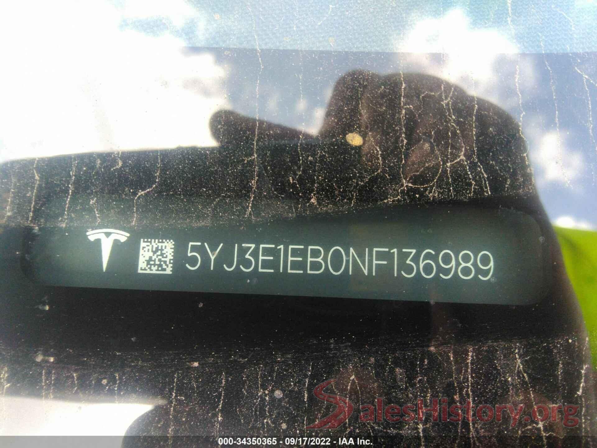 5YJ3E1EB0NF136989 2022 TESLA MODEL 3