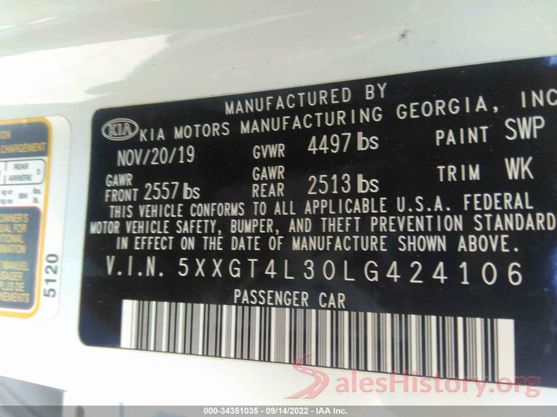 5XXGT4L30LG424106 2020 KIA OPTIMA