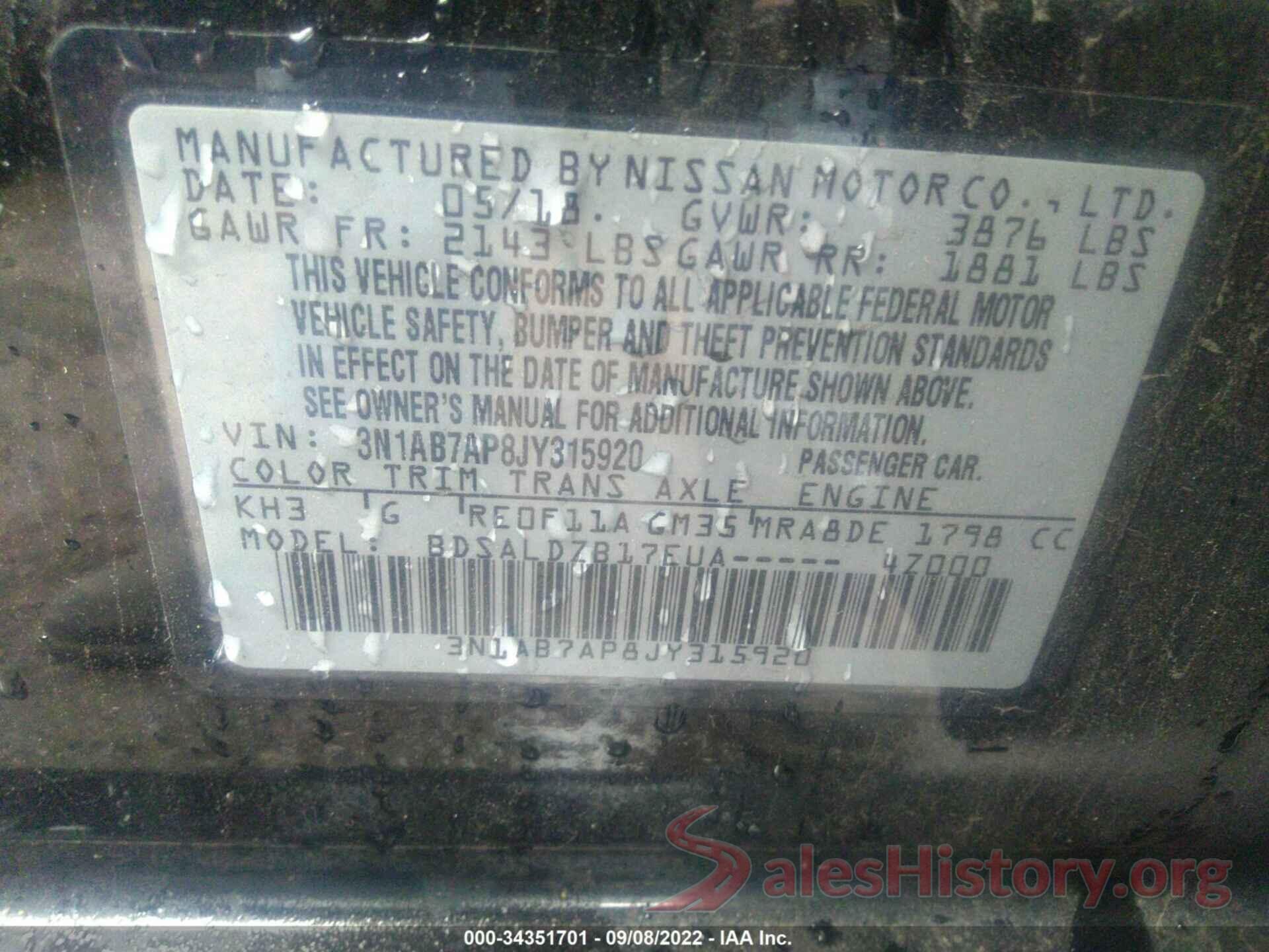 3N1AB7AP8JY315920 2018 NISSAN SENTRA