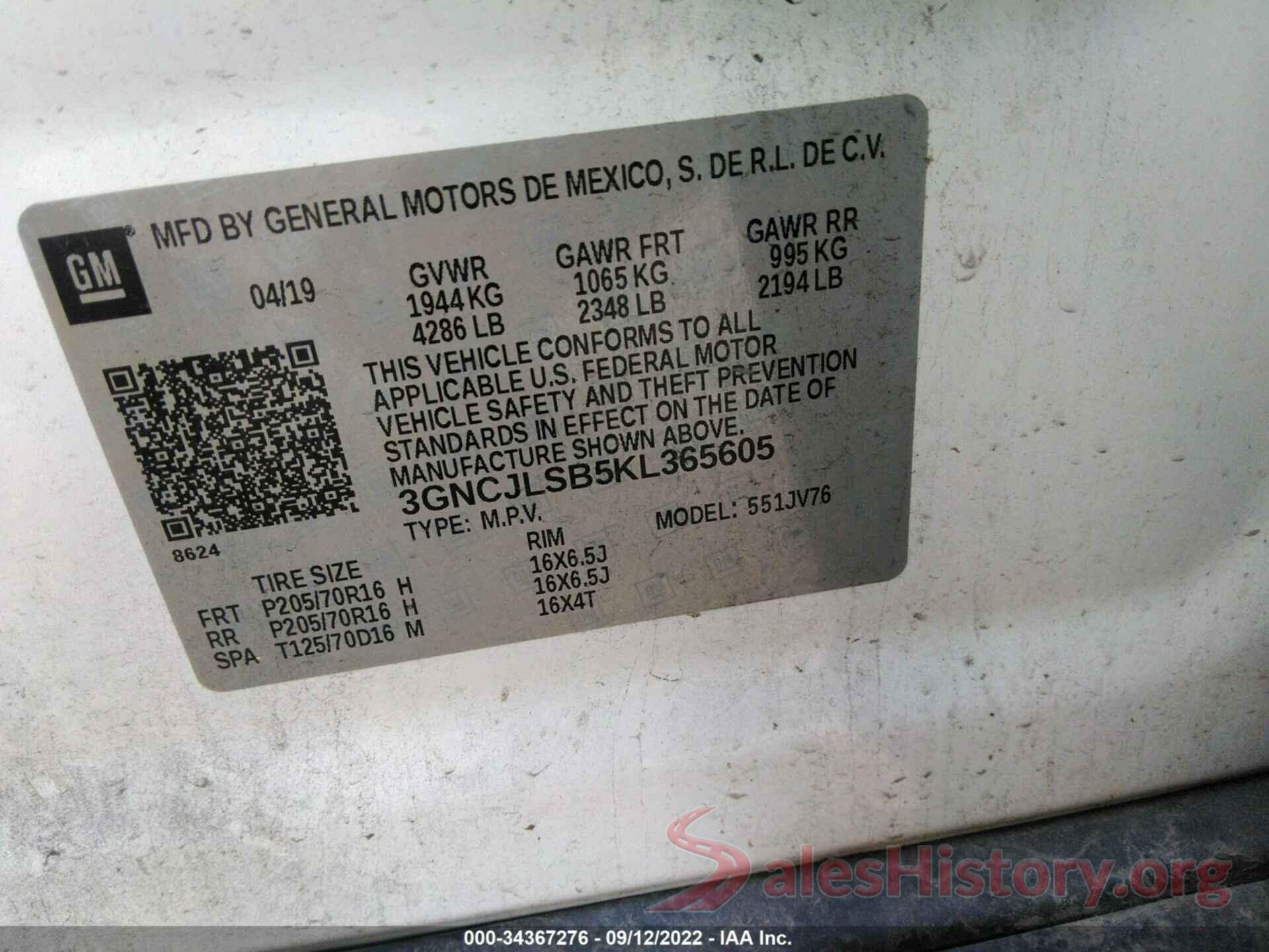 3GNCJLSB5KL365605 2019 CHEVROLET TRAX