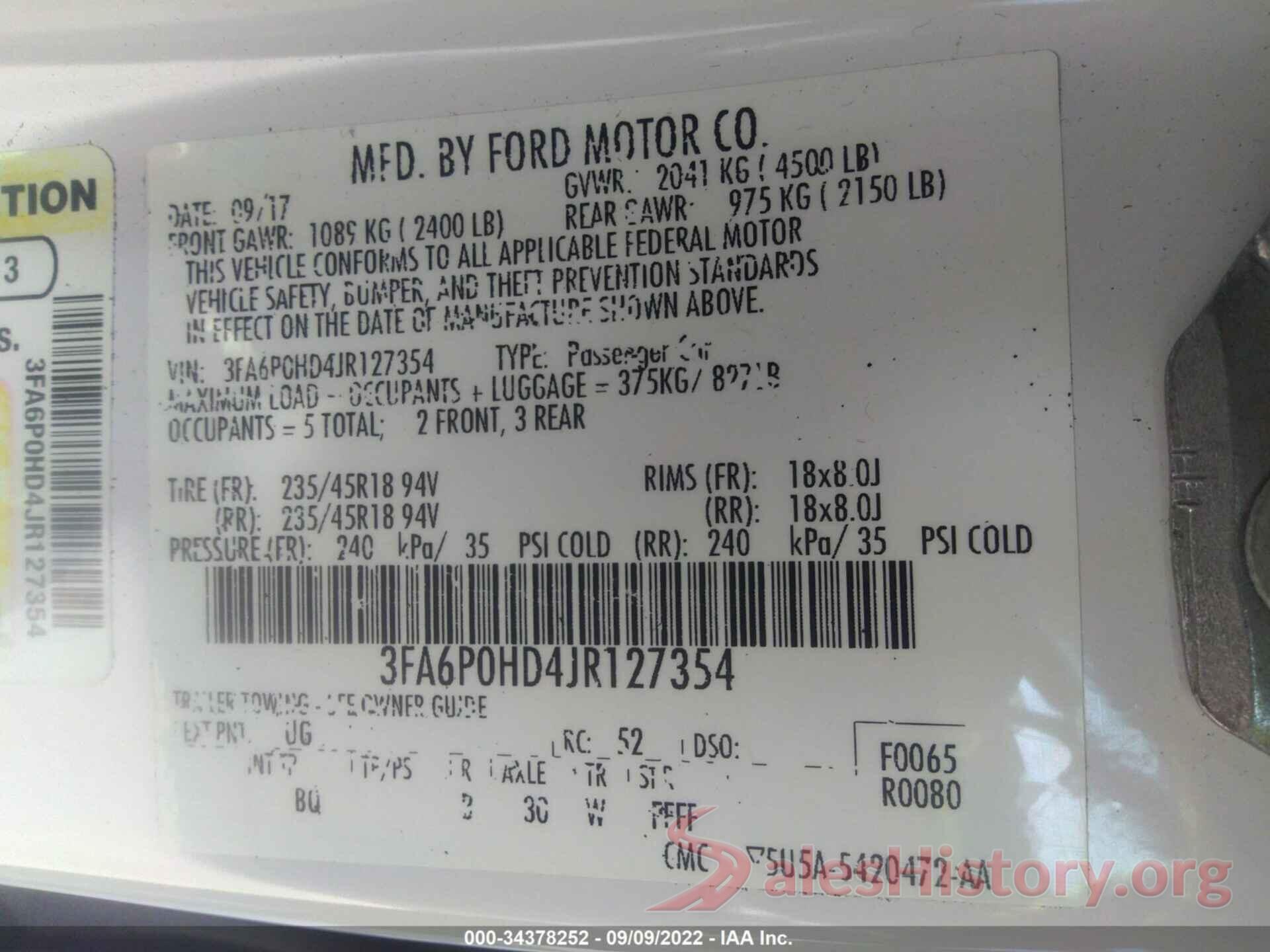 3FA6P0HD4JR127354 2018 FORD FUSION