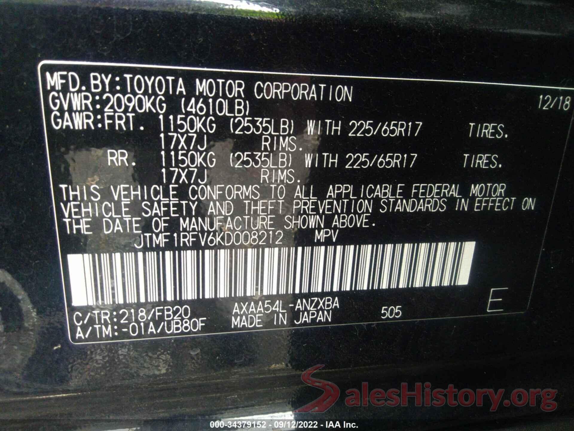 JTMF1RFV6KD008212 2019 TOYOTA RAV4