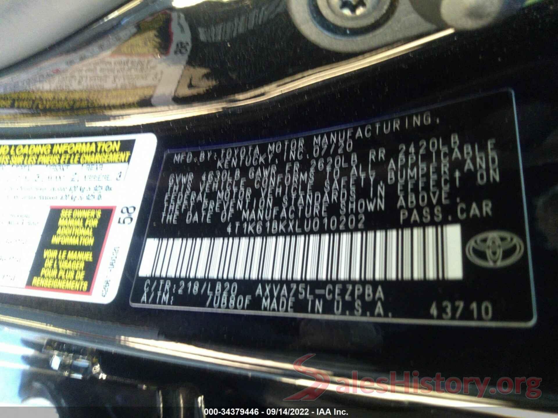 4T1K61BKXLU010202 2020 TOYOTA CAMRY