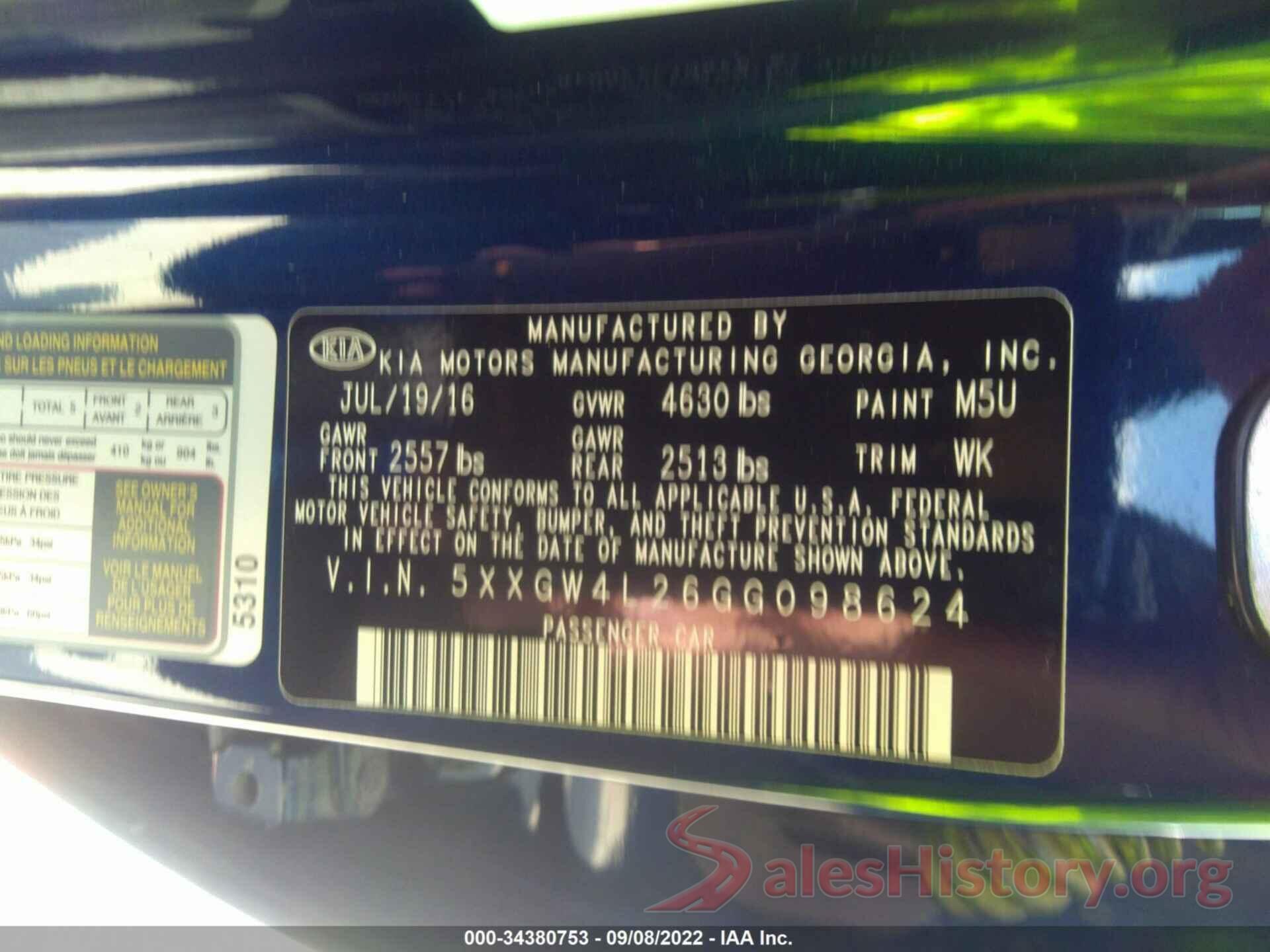 5XXGW4L26GG098624 2016 KIA OPTIMA