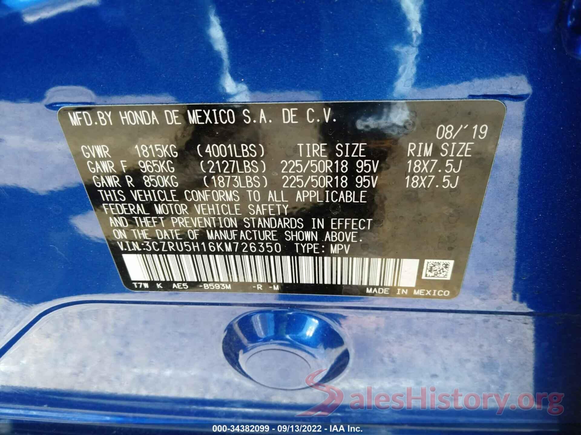 3CZRU5H16KM726350 2019 HONDA HR-V