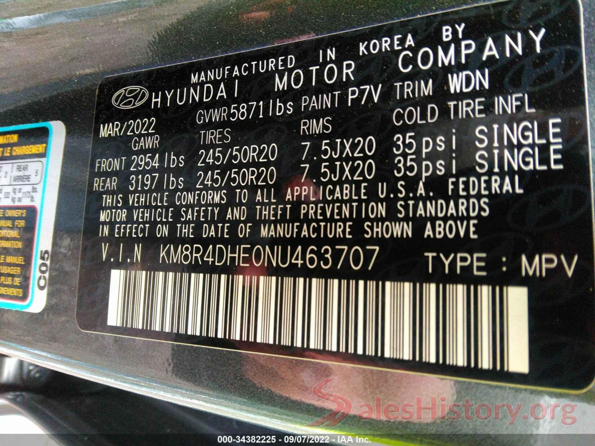 KM8R4DHE0NU463707 2022 HYUNDAI PALISADE