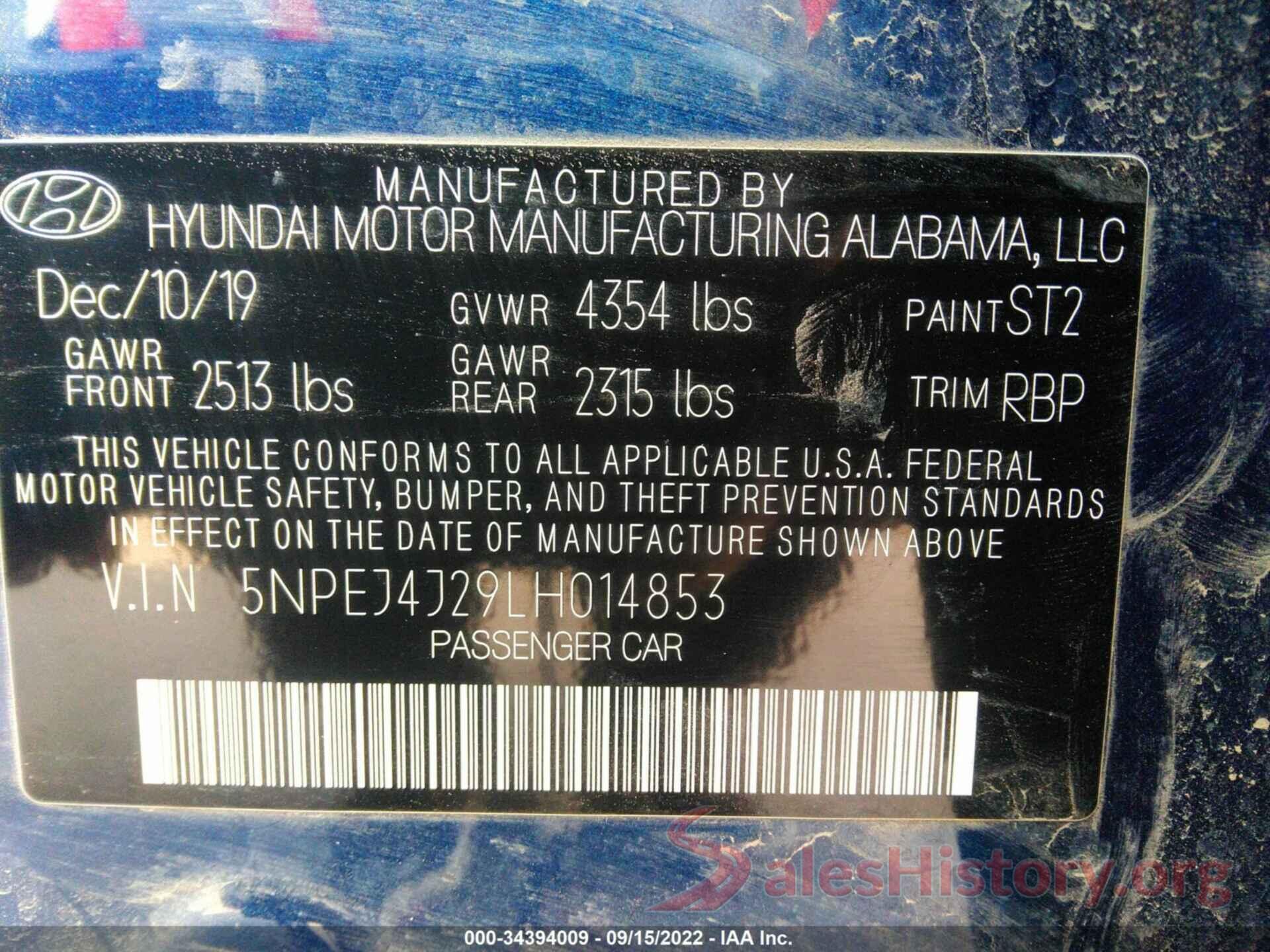 5NPEJ4J29LH014853 2020 HYUNDAI SONATA