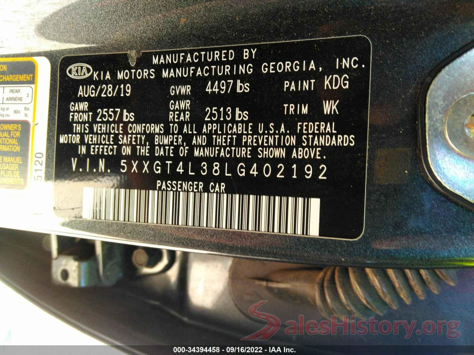 5XXGT4L38LG402192 2020 KIA OPTIMA