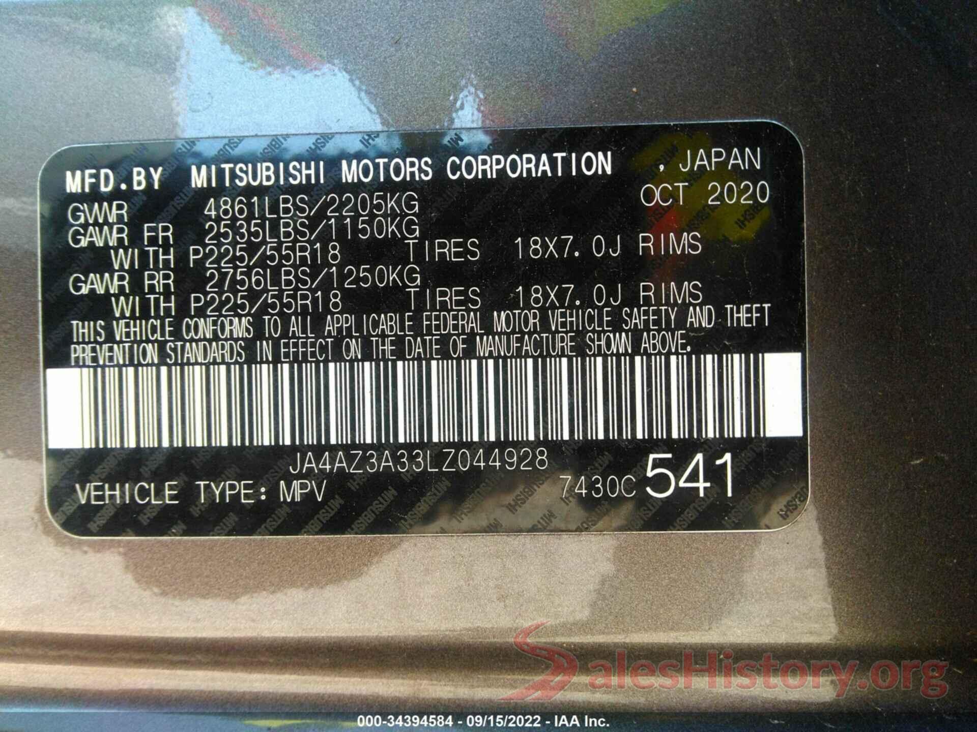 JA4AZ3A33LZ044928 2020 MITSUBISHI OUTLANDER