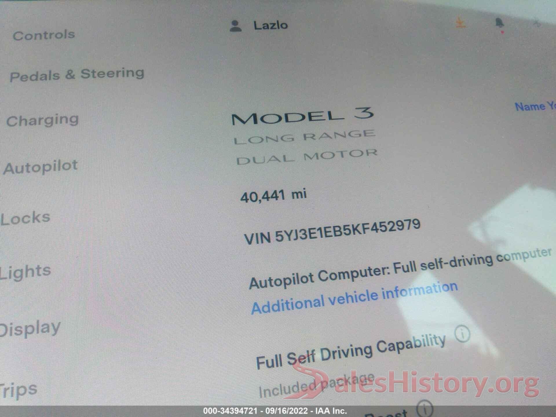 5YJ3E1EB5KF452979 2019 TESLA MODEL 3