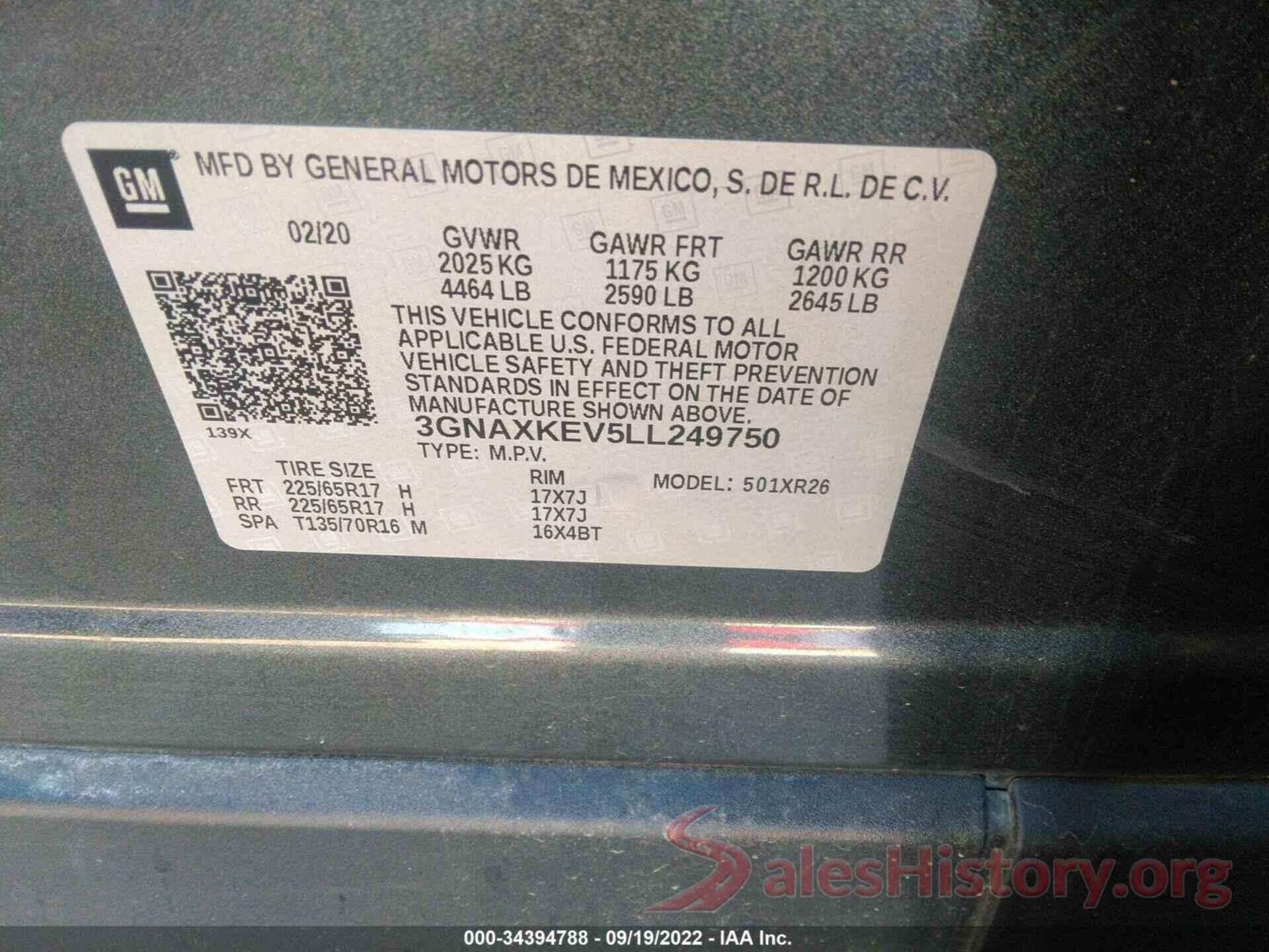 3GNAXKEV5LL249750 2020 CHEVROLET EQUINOX