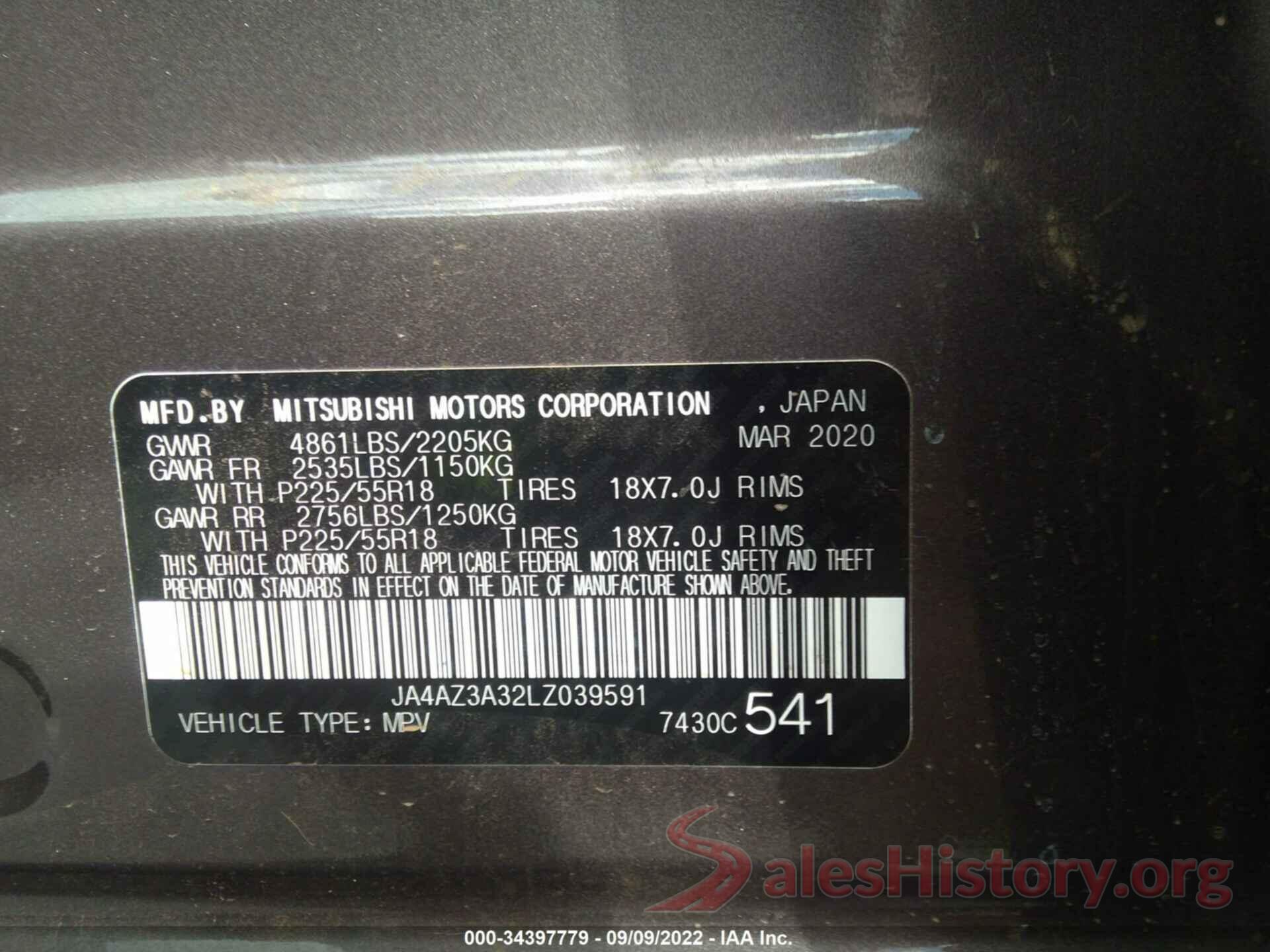 JA4AZ3A32LZ039591 2020 MITSUBISHI OUTLANDER