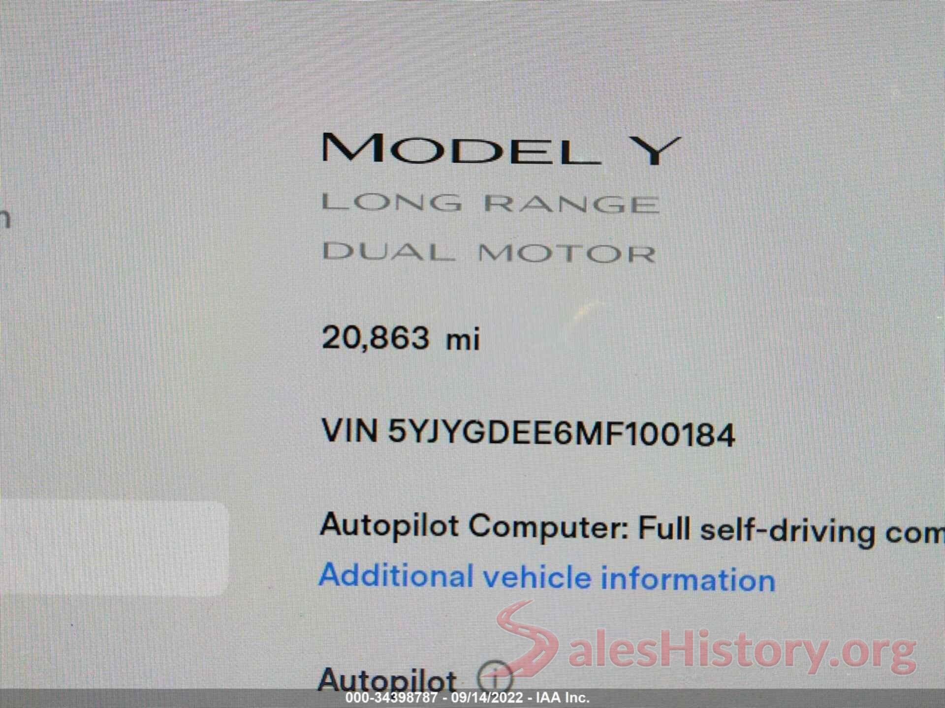 5YJYGDEE6MF100184 2021 TESLA MODEL Y