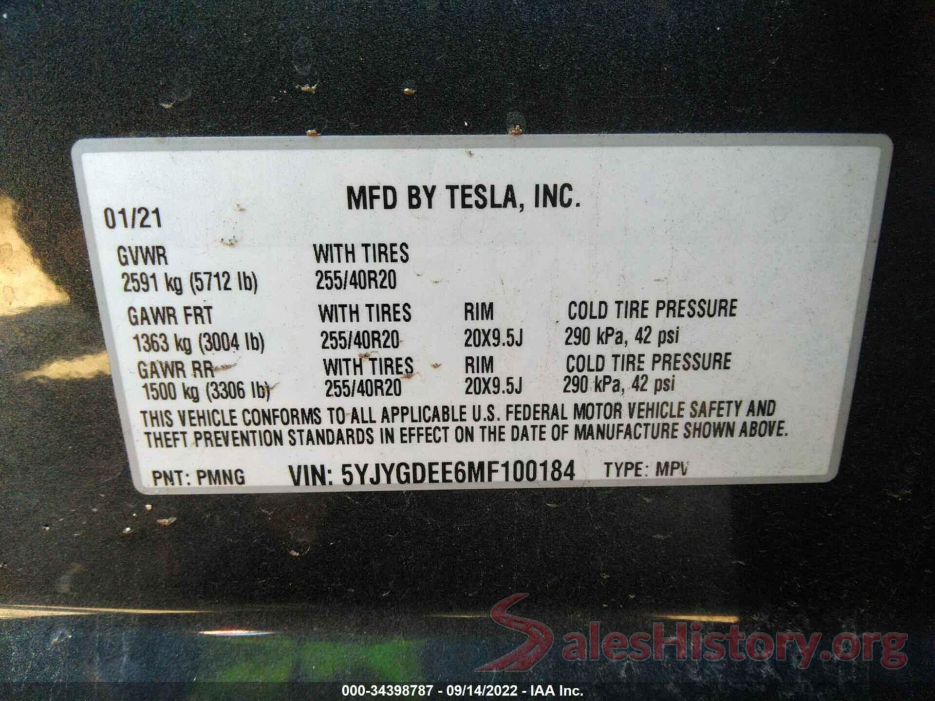 5YJYGDEE6MF100184 2021 TESLA MODEL Y