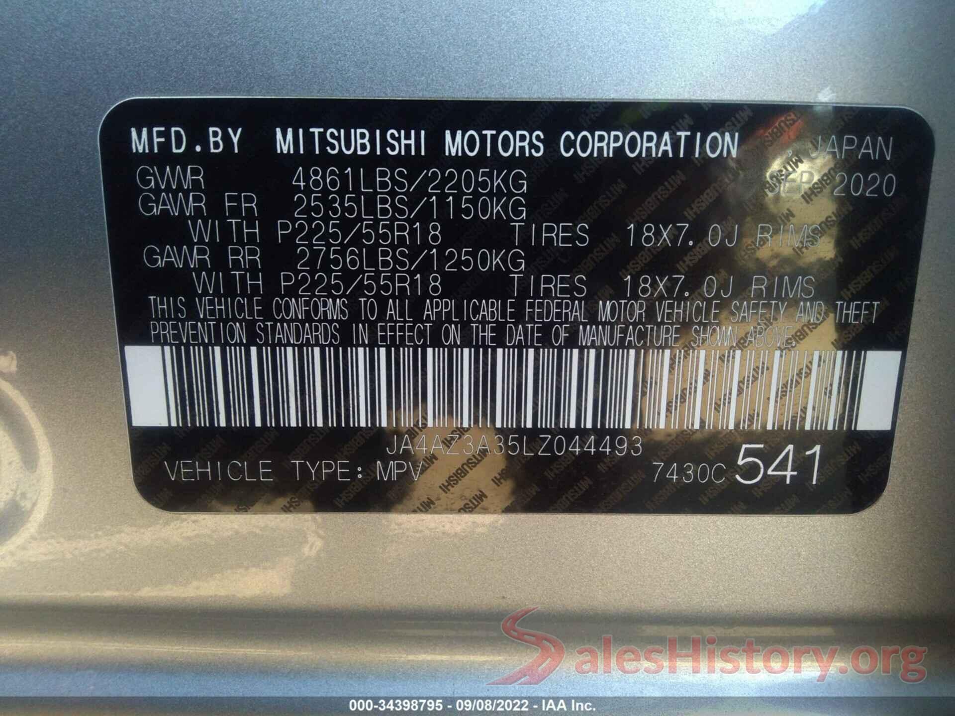 JA4AZ3A35LZ044493 2020 MITSUBISHI OUTLANDER