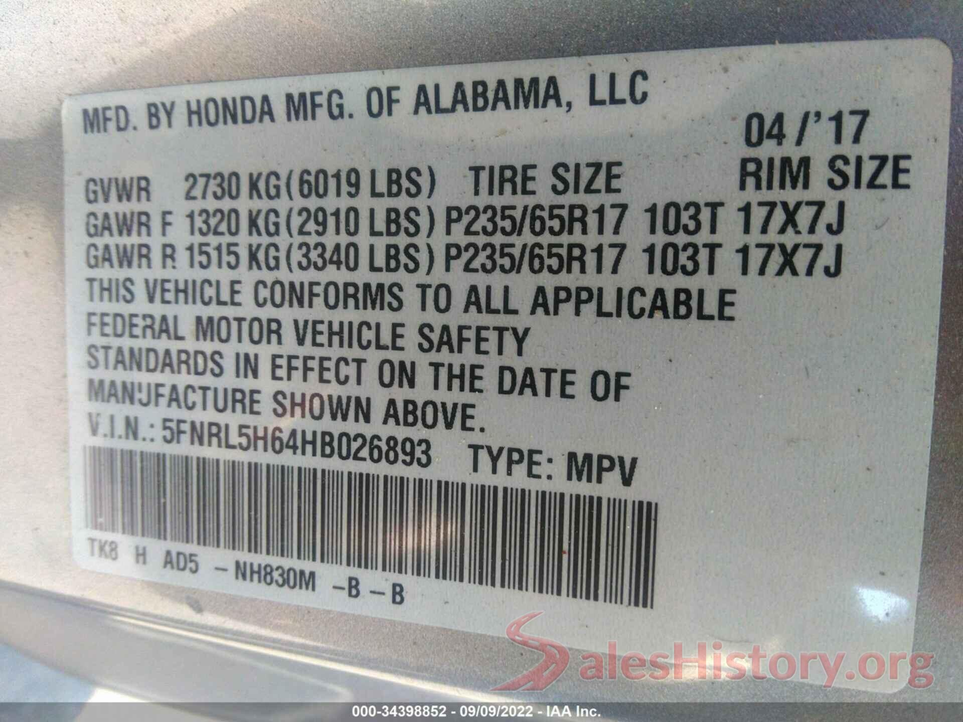 5FNRL5H64HB026893 2017 HONDA ODYSSEY