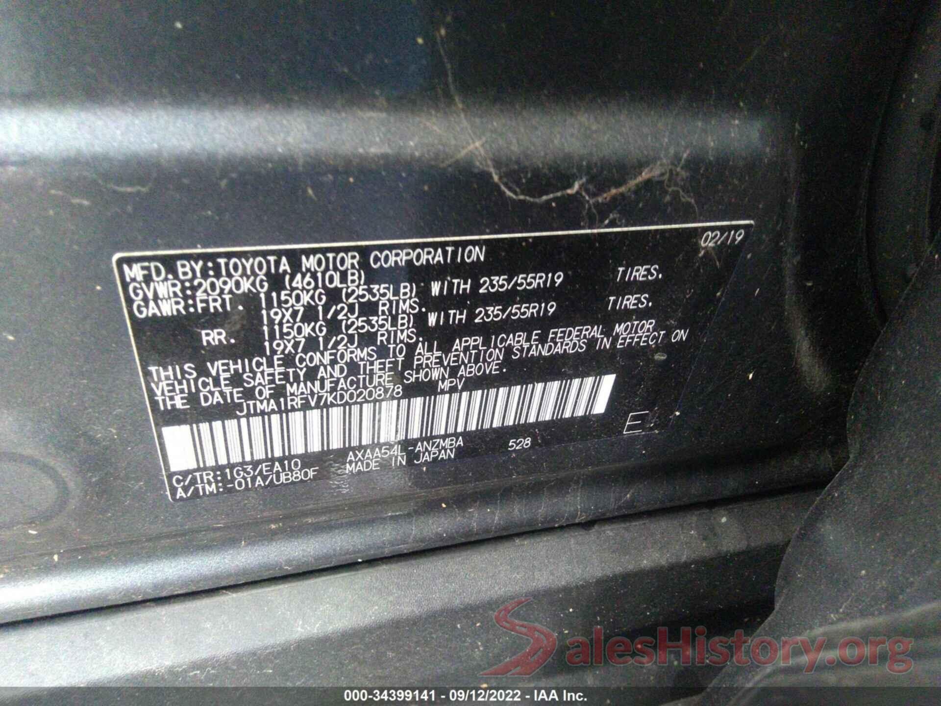 JTMA1RFV7KD020878 2019 TOYOTA RAV4