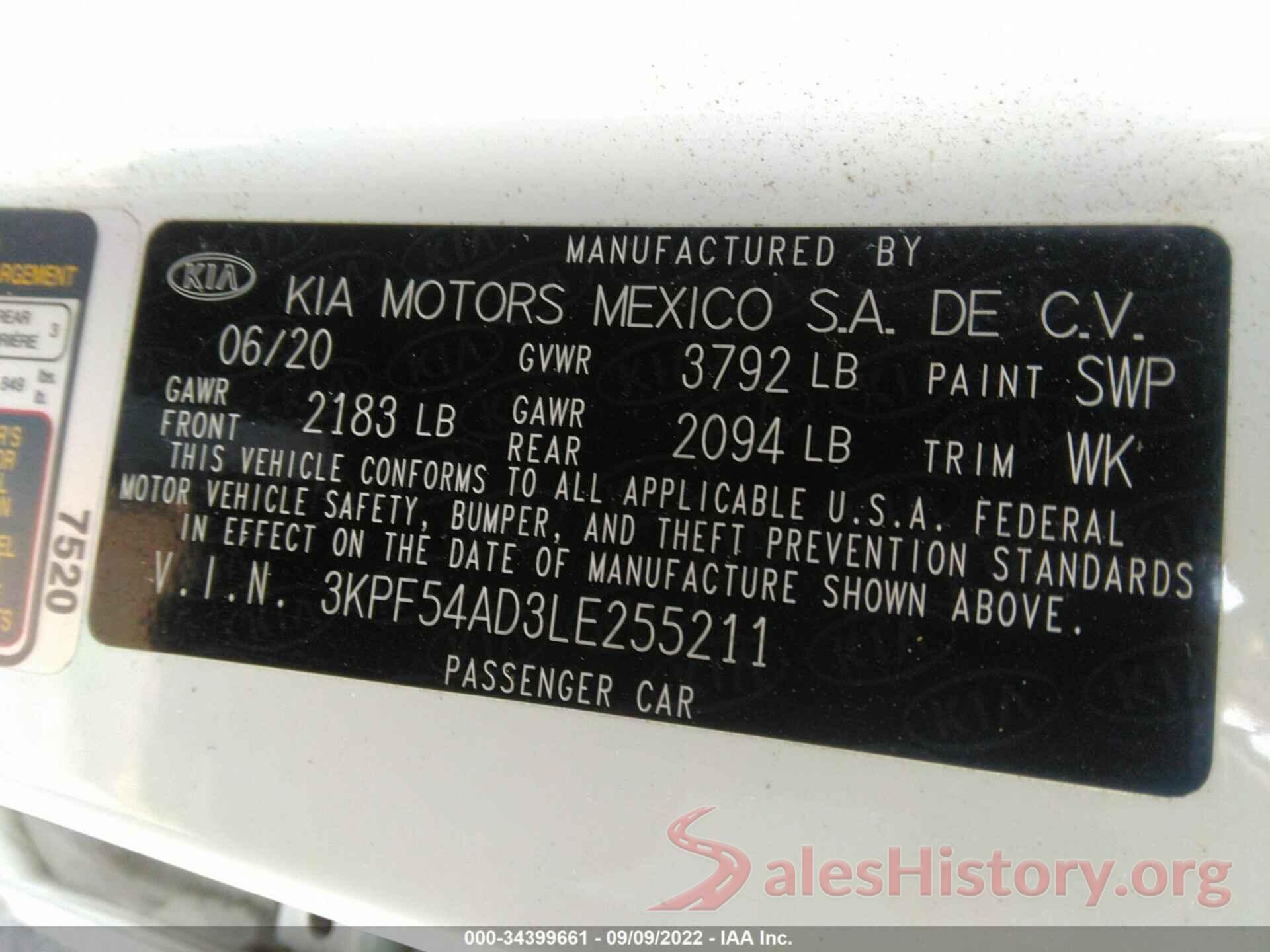 3KPF54AD3LE255211 2020 KIA FORTE