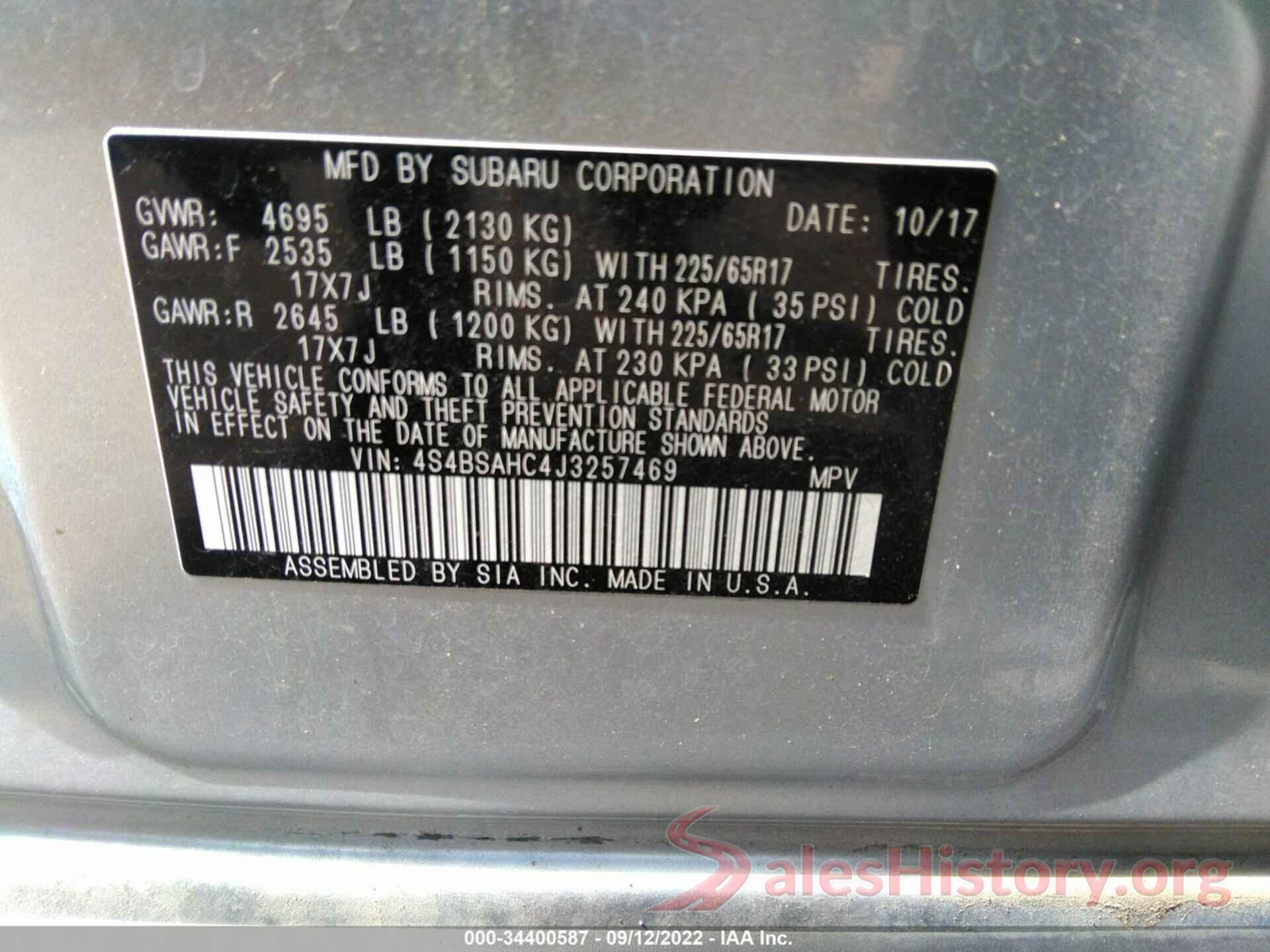 4S4BSAHC4J3257469 2018 SUBARU OUTBACK