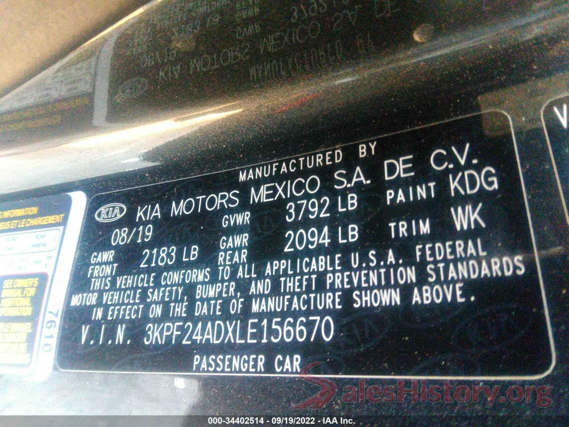 3KPF24ADXLE156670 2020 KIA FORTE