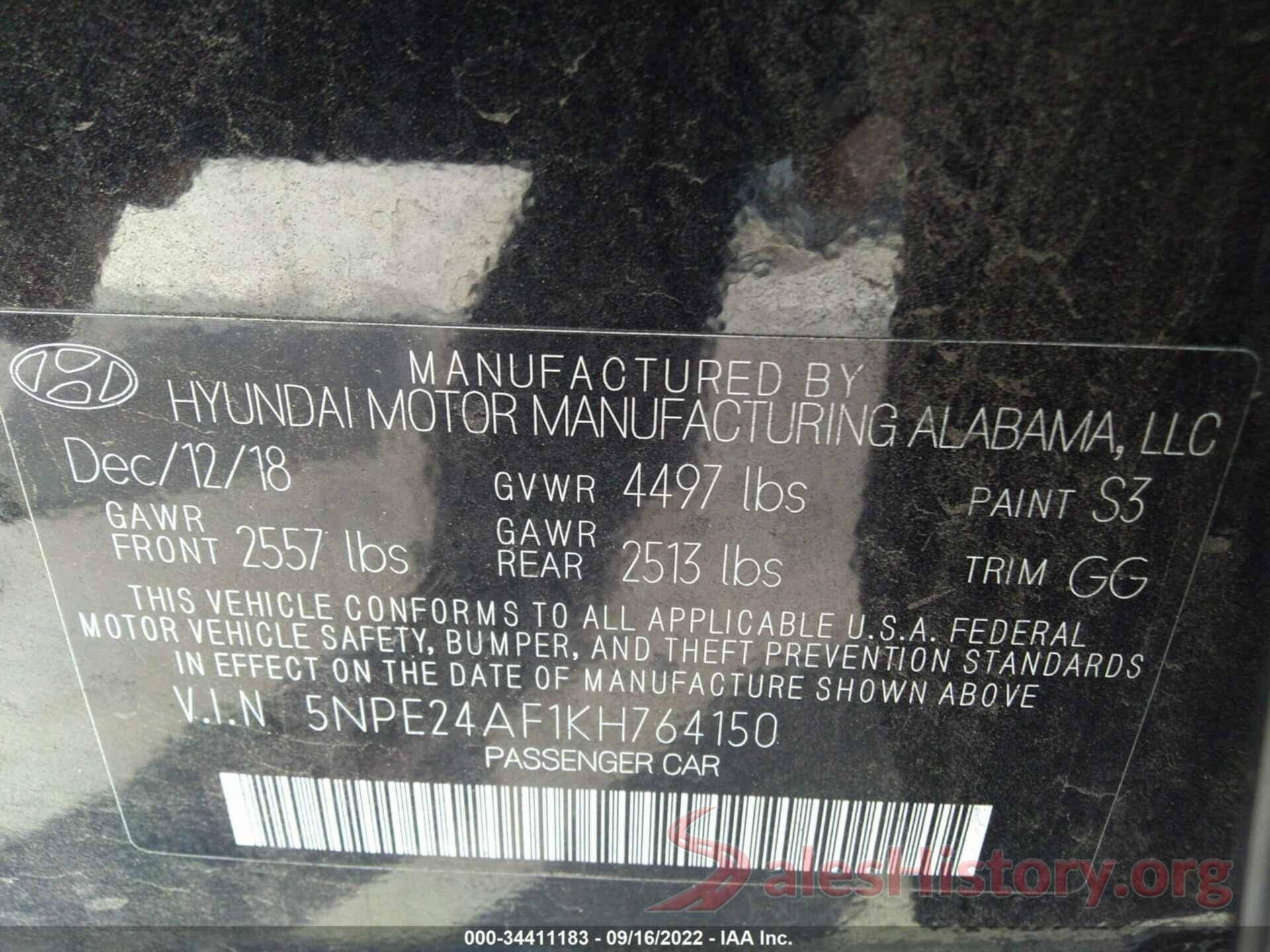 5NPE24AF1KH764150 2019 HYUNDAI SONATA