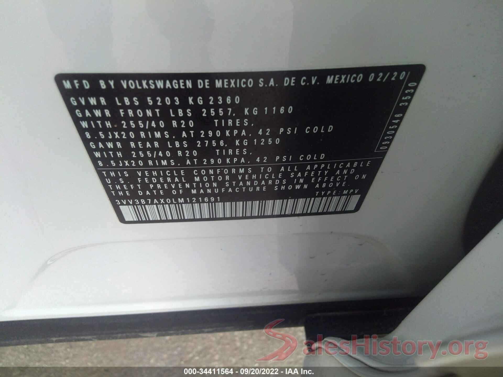 3VV3B7AX0LM121691 2020 VOLKSWAGEN TIGUAN