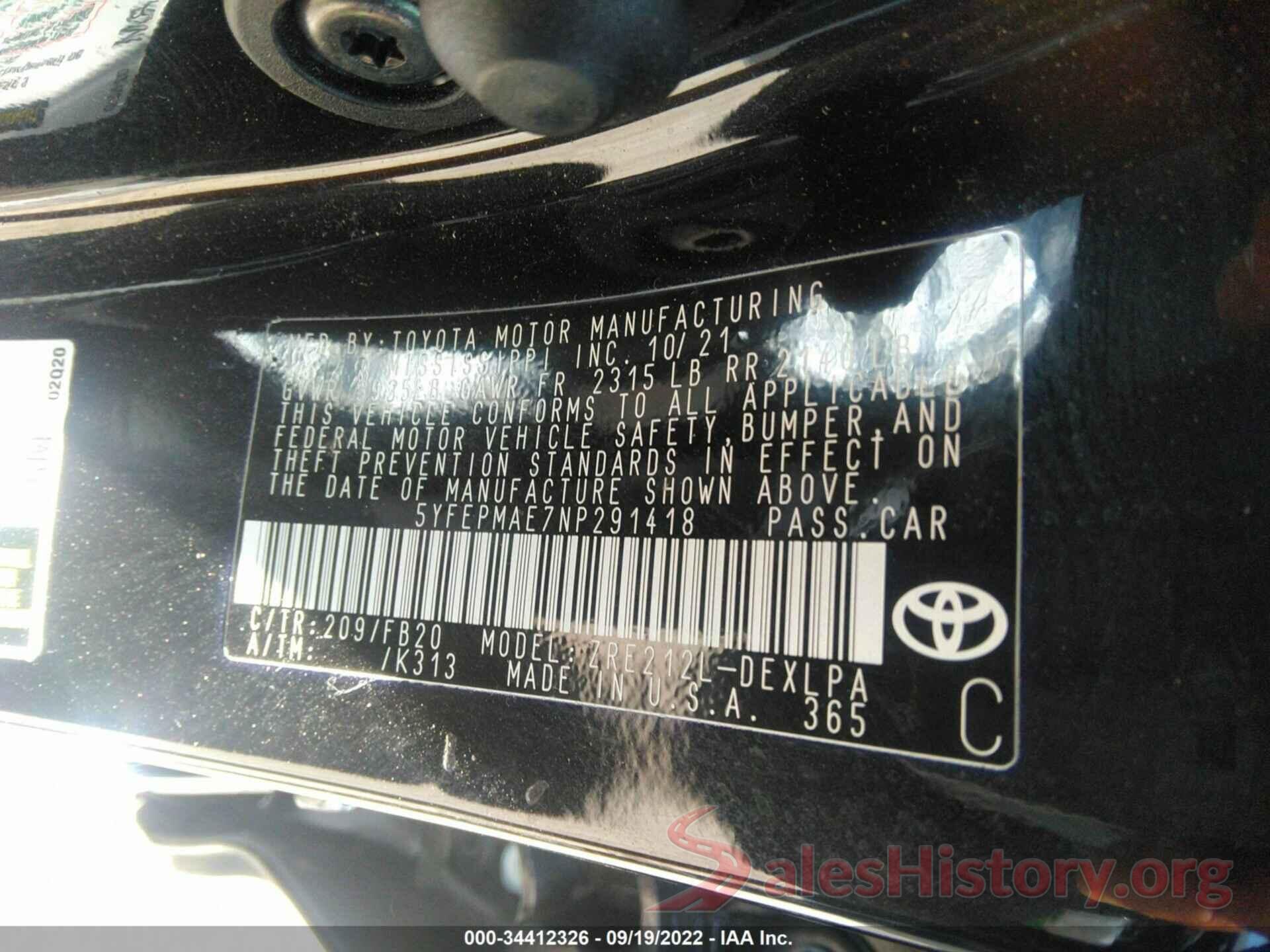 5YFEPMAE7NP291418 2022 TOYOTA COROLLA