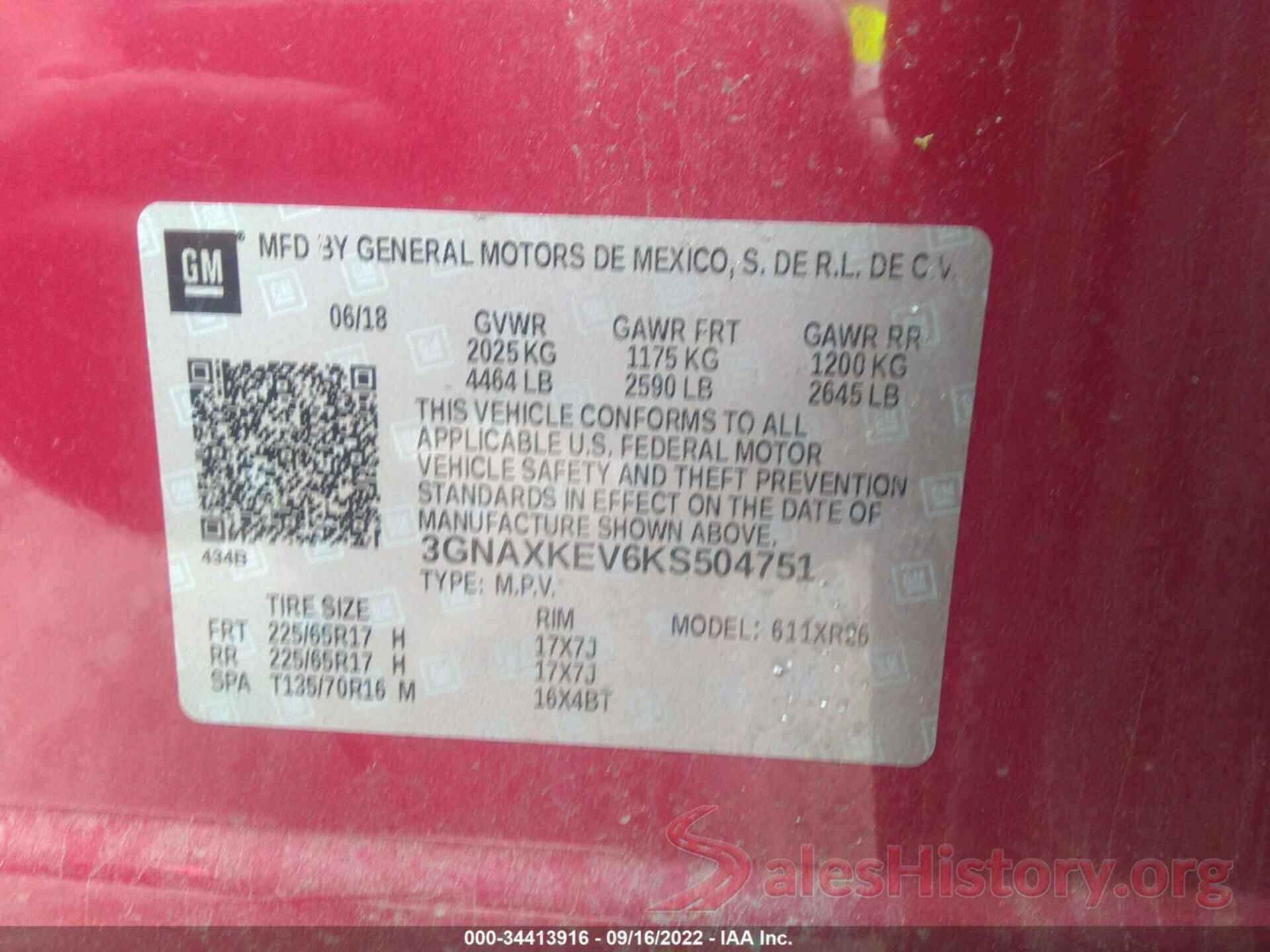 3GNAXKEV6KS504751 2019 CHEVROLET EQUINOX