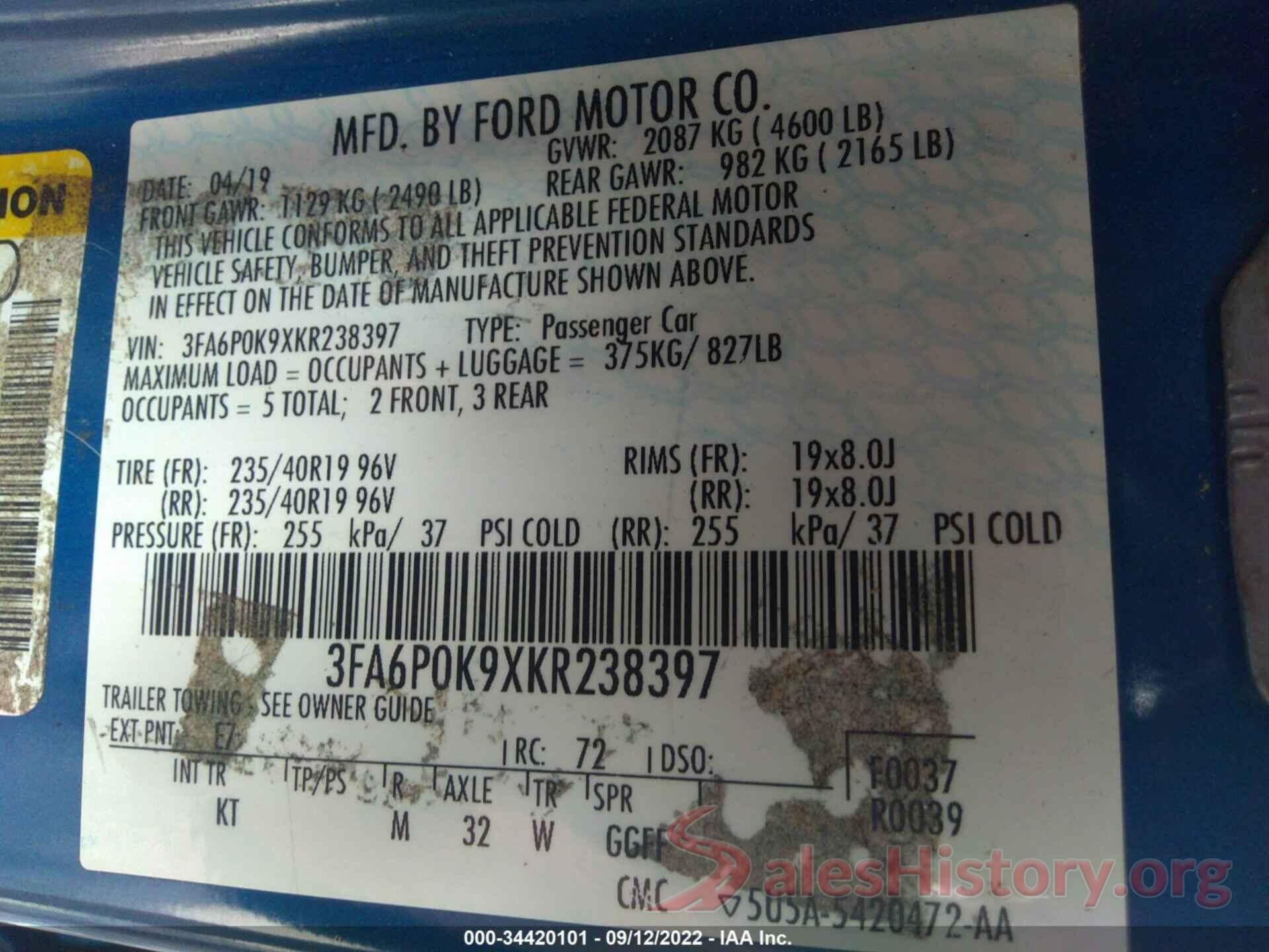 3FA6P0K9XKR238397 2019 FORD FUSION