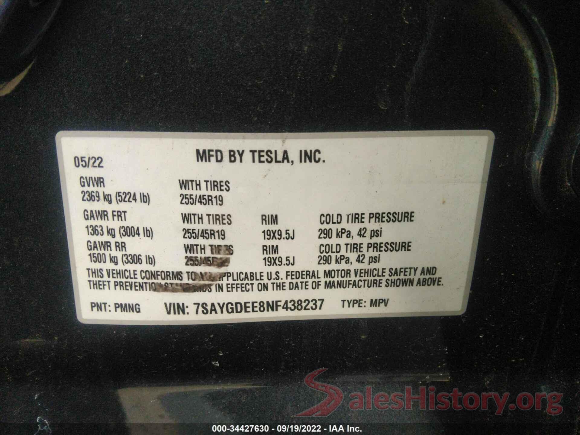 7SAYGDEE8NF438237 2022 TESLA MODEL Y