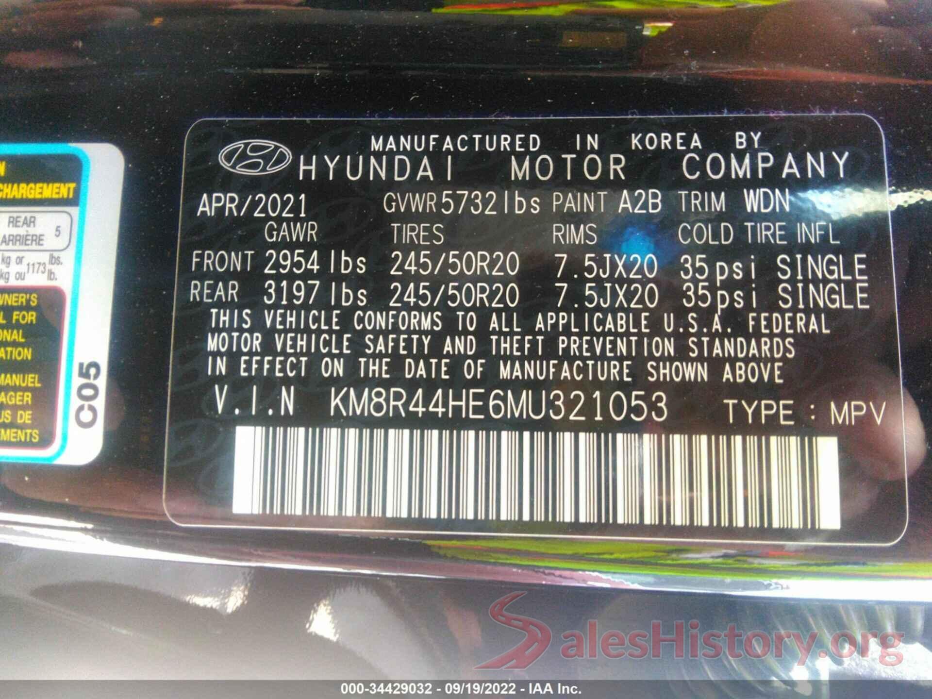 KM8R44HE6MU321053 2021 HYUNDAI PALISADE