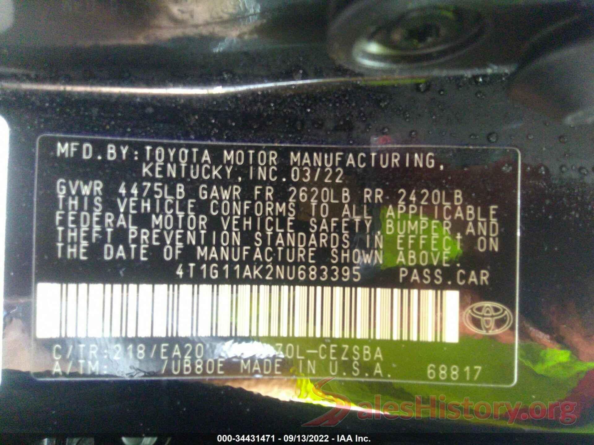 4T1G11AK2NU683395 2022 TOYOTA CAMRY