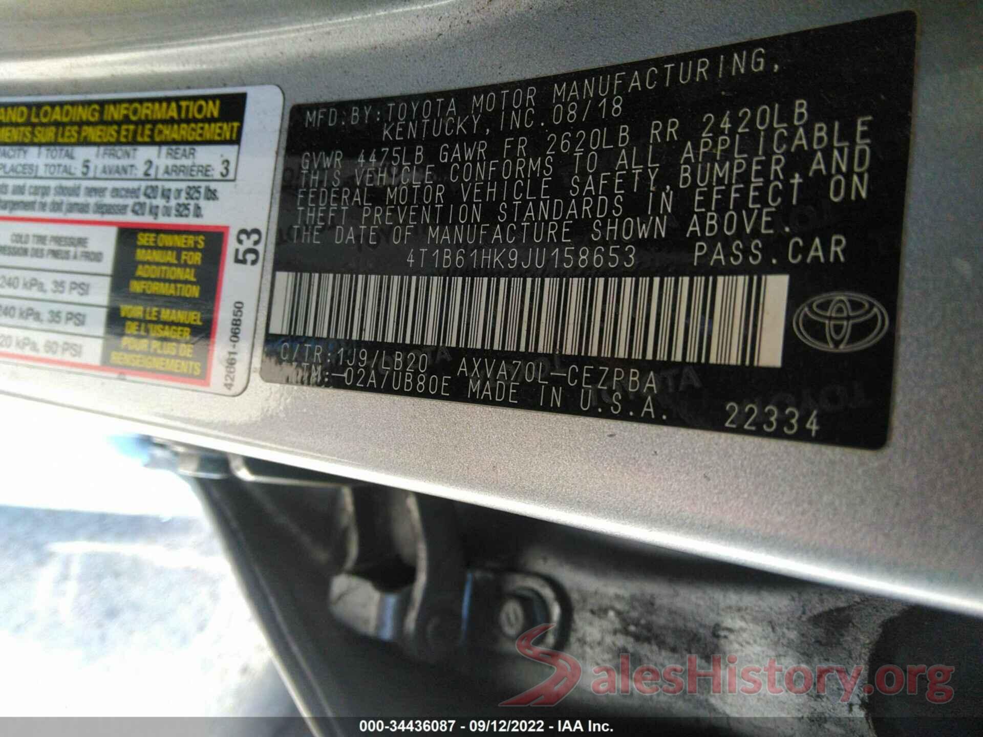 4T1B61HK9JU158653 2018 TOYOTA CAMRY