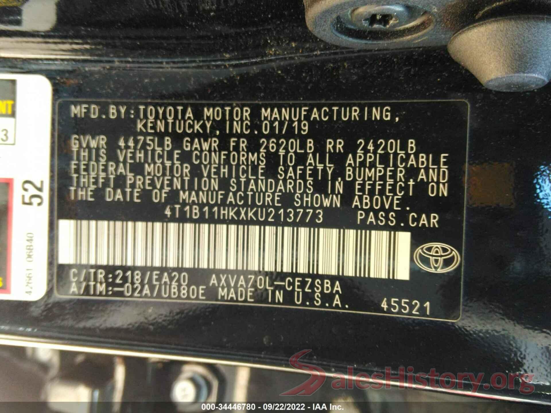 4T1B11HKXKU213773 2019 TOYOTA CAMRY