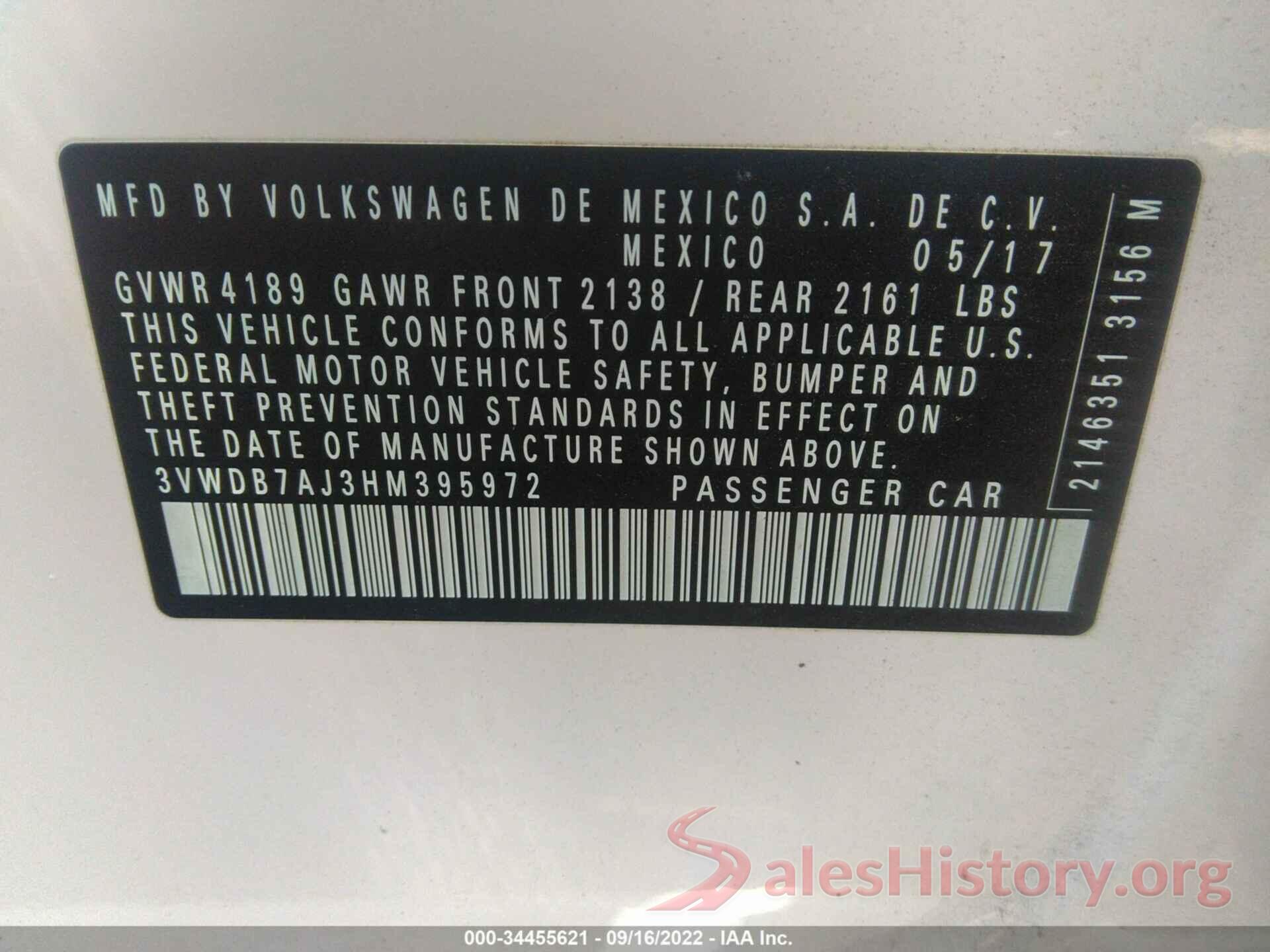 3VWDB7AJ3HM395972 2017 VOLKSWAGEN JETTA