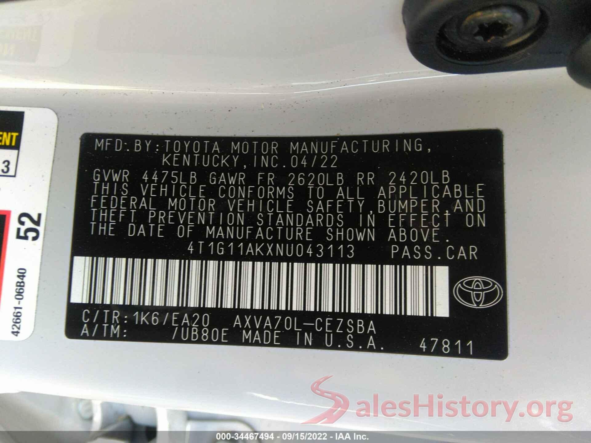 4T1G11AKXNU043113 2022 TOYOTA CAMRY