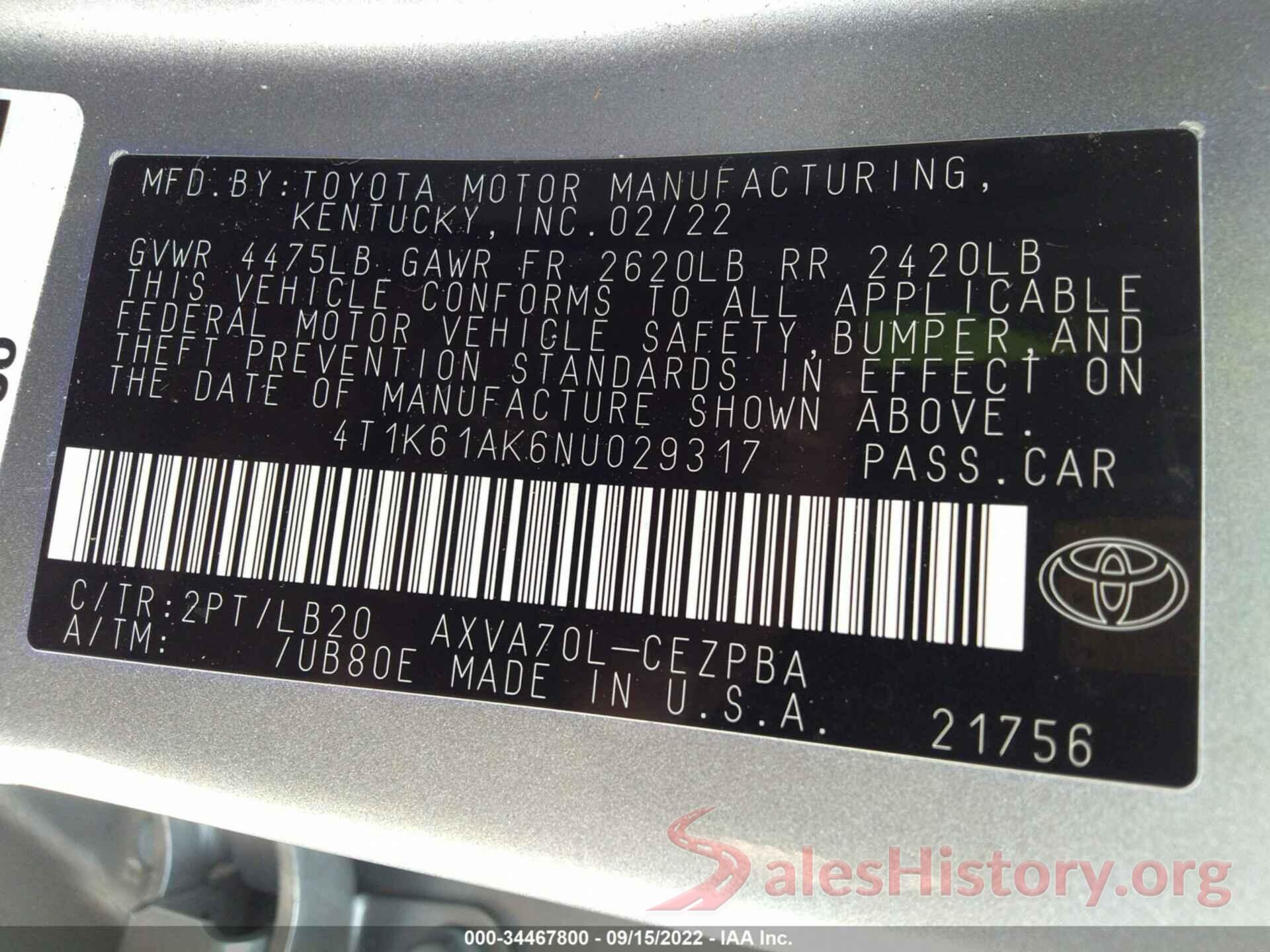 4T1K61AK6NU029317 2022 TOYOTA CAMRY