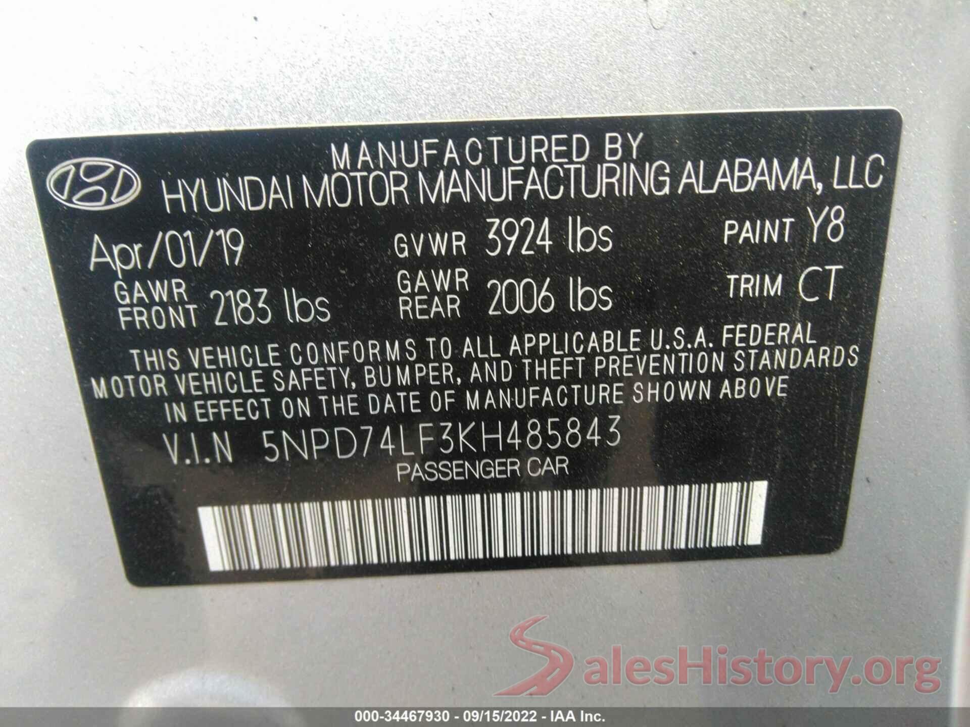 5NPD74LF3KH485843 2019 HYUNDAI ELANTRA