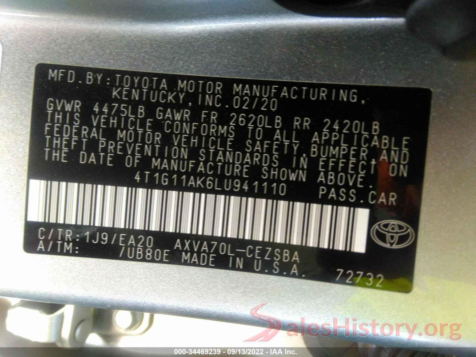 4T1G11AK6LU941110 2020 TOYOTA CAMRY