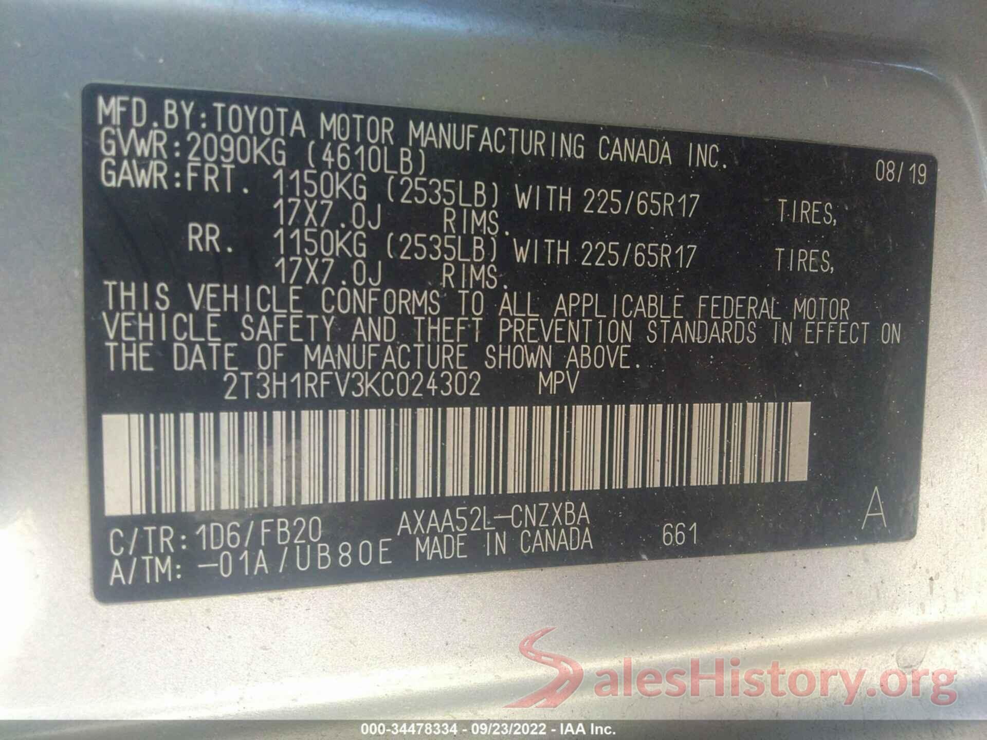 2T3H1RFV3KC024302 2019 TOYOTA RAV4