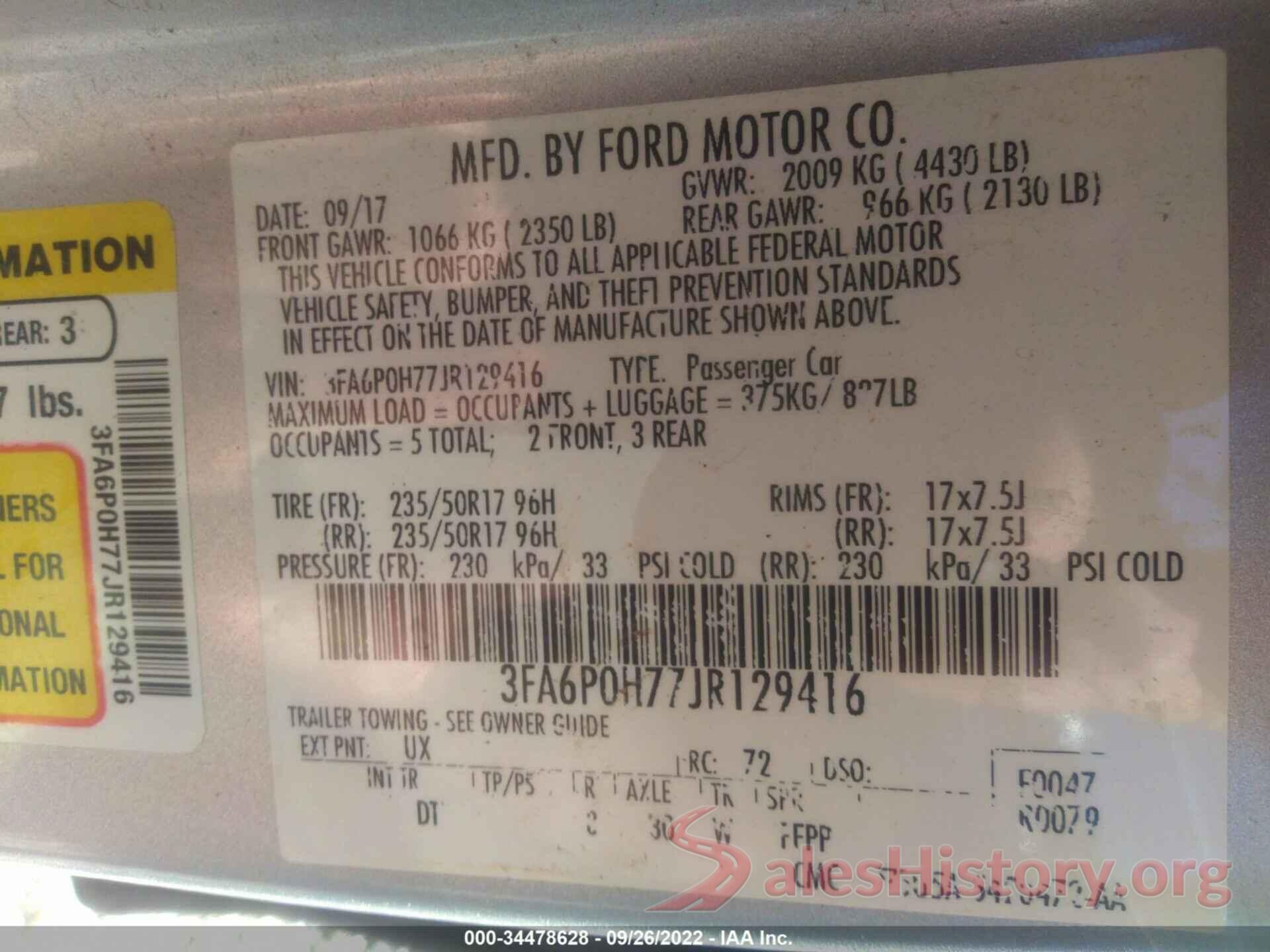 3FA6P0H77JR129416 2018 FORD FUSION