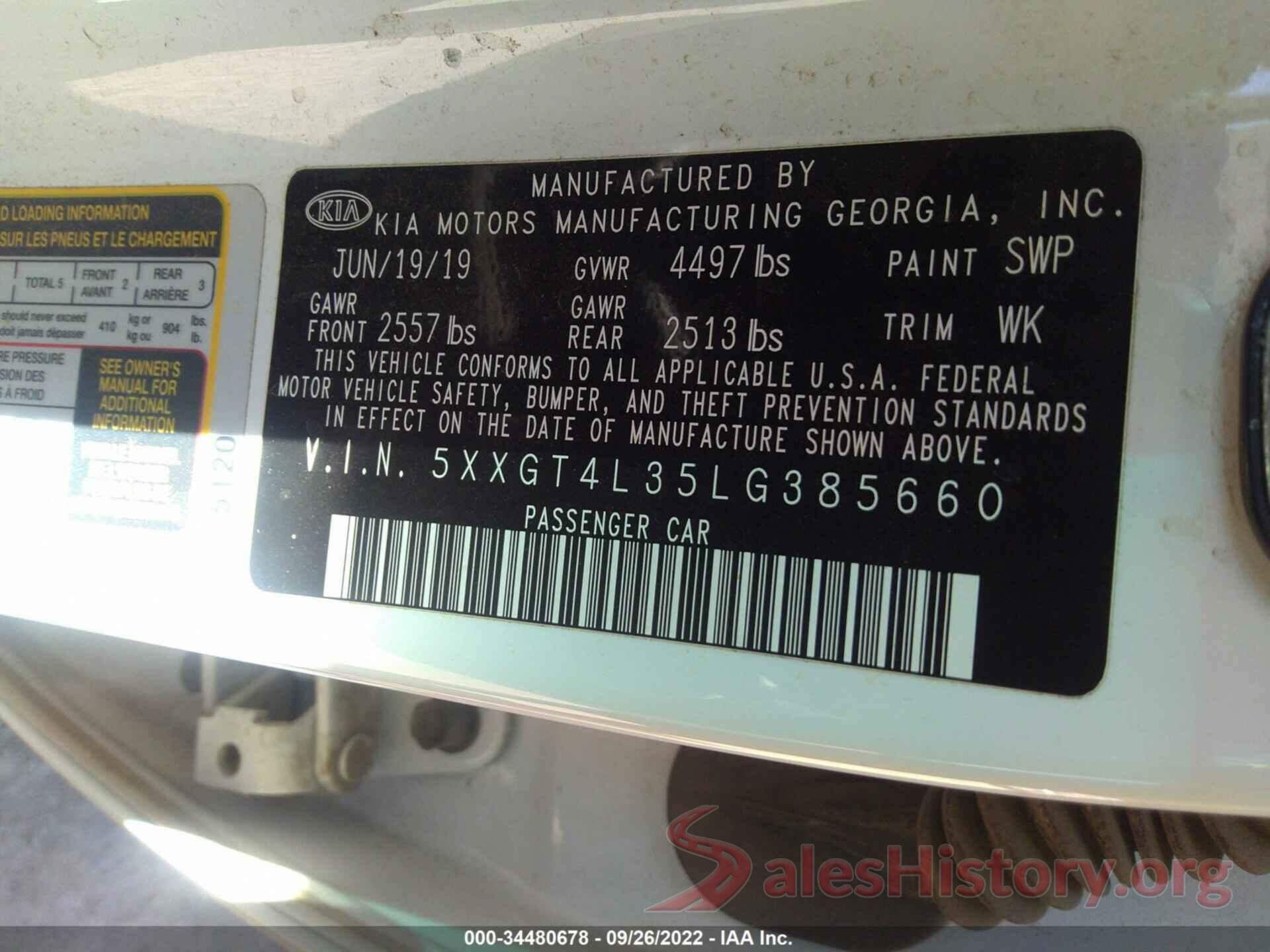 5XXGT4L35LG385660 2020 KIA OPTIMA