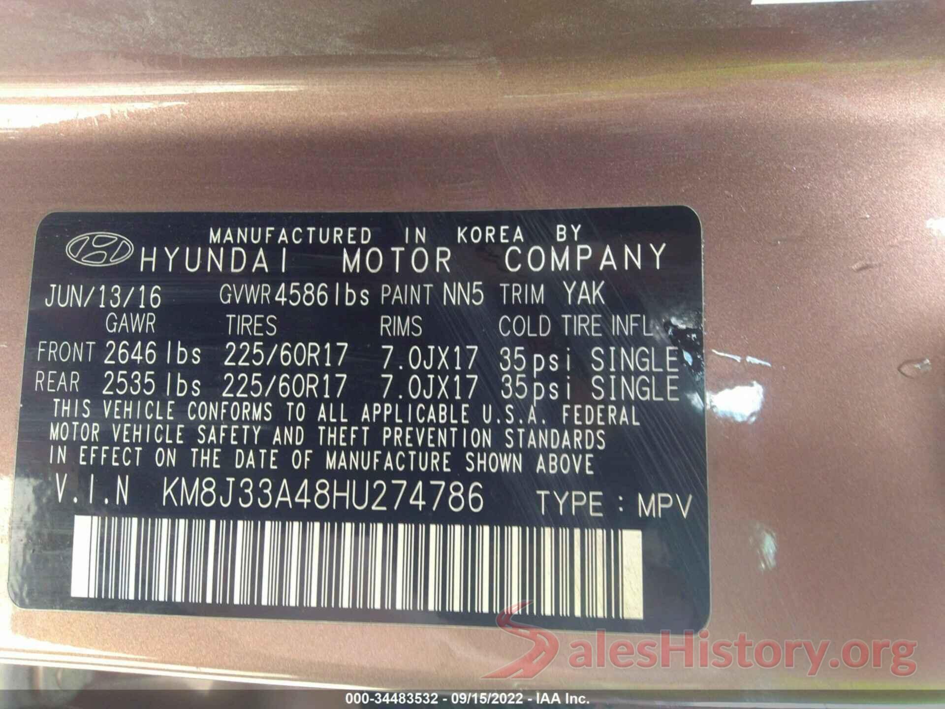 KM8J33A48HU274786 2017 HYUNDAI TUCSON