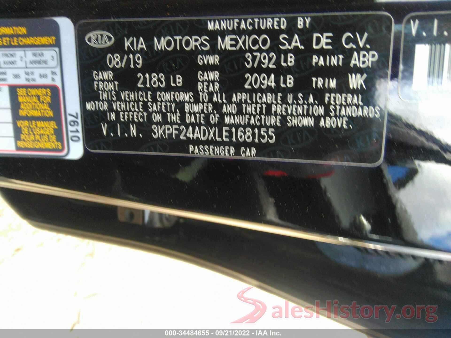 3KPF24ADXLE168155 2020 KIA FORTE