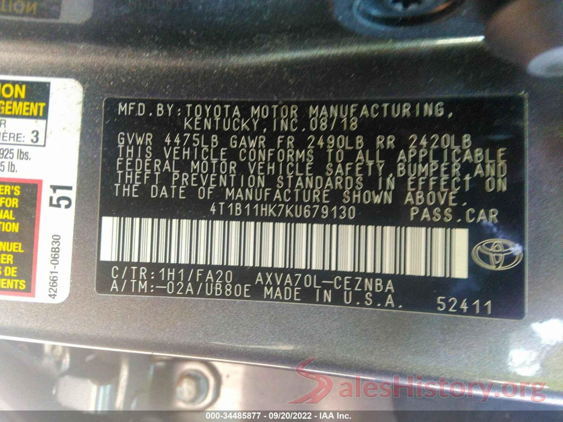 4T1B11HK7KU679130 2019 TOYOTA CAMRY