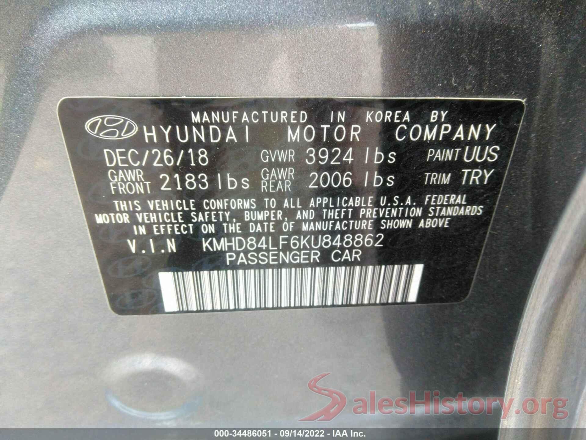 KMHD84LF6KU848862 2019 HYUNDAI ELANTRA