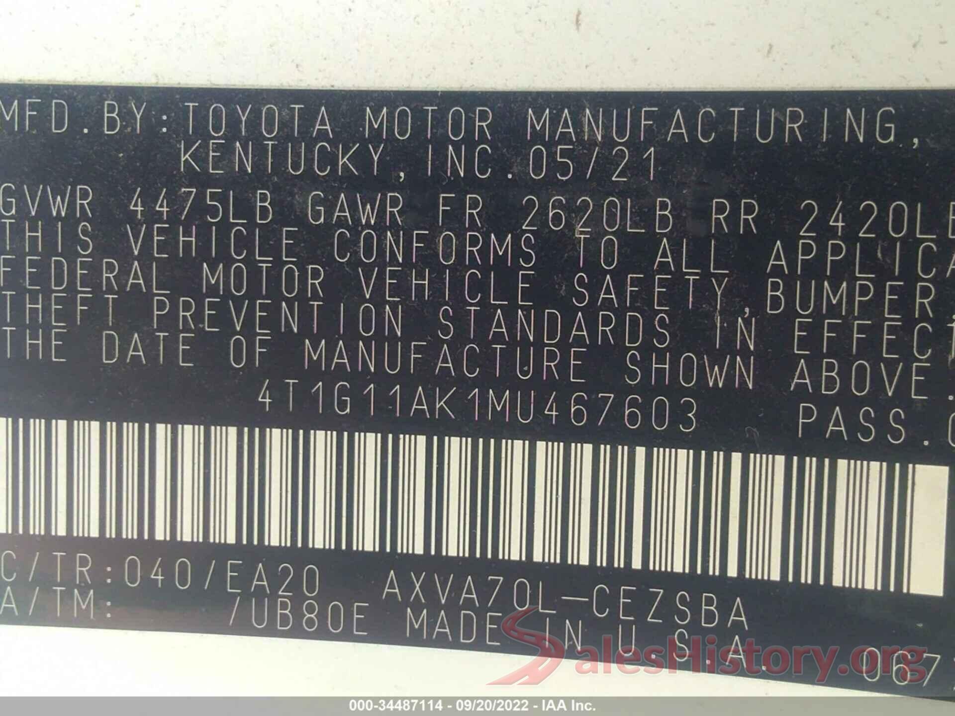 4T1G11AK1MU467603 2021 TOYOTA CAMRY