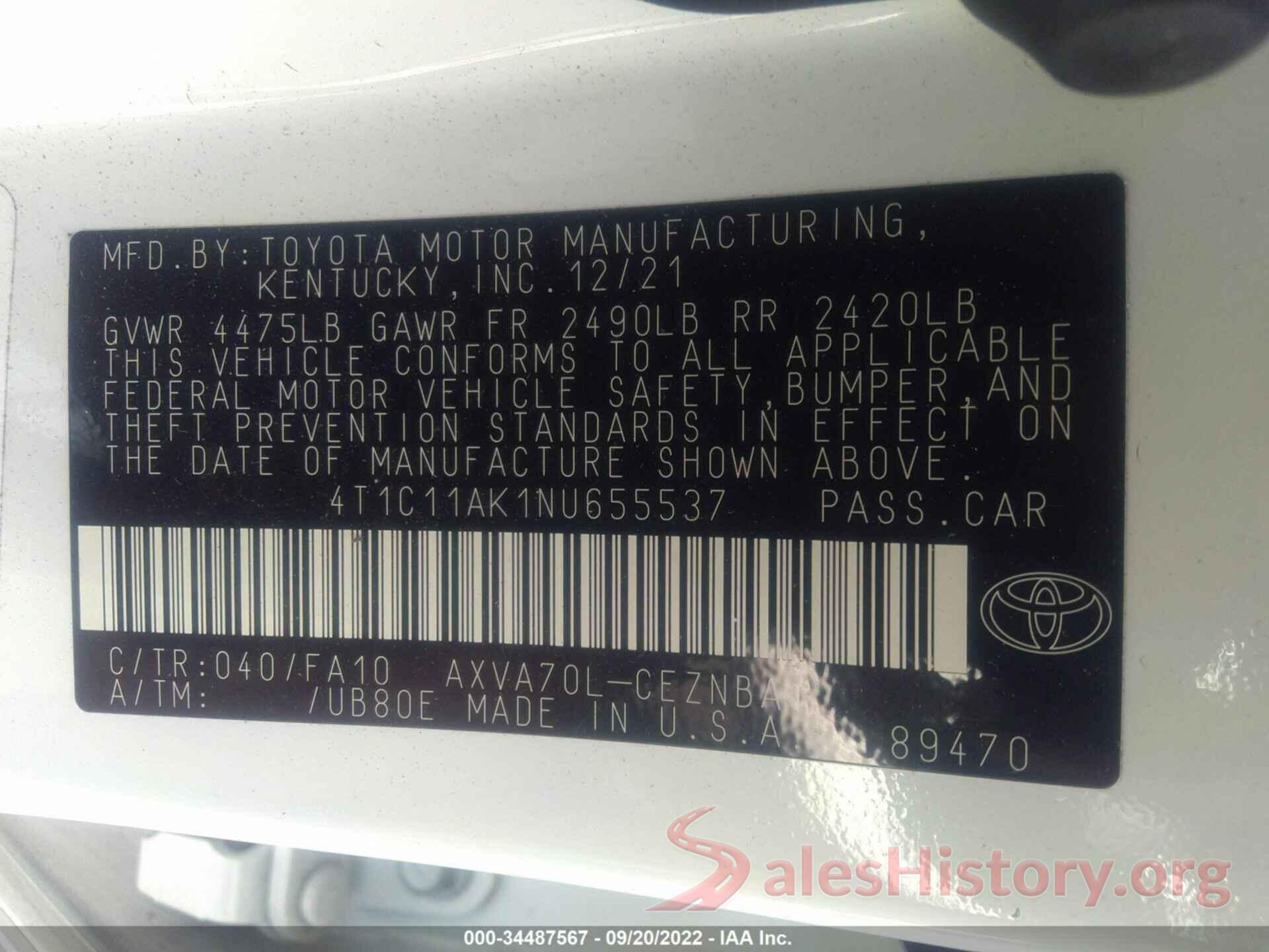 4T1C11AK1NU655537 2022 TOYOTA CAMRY