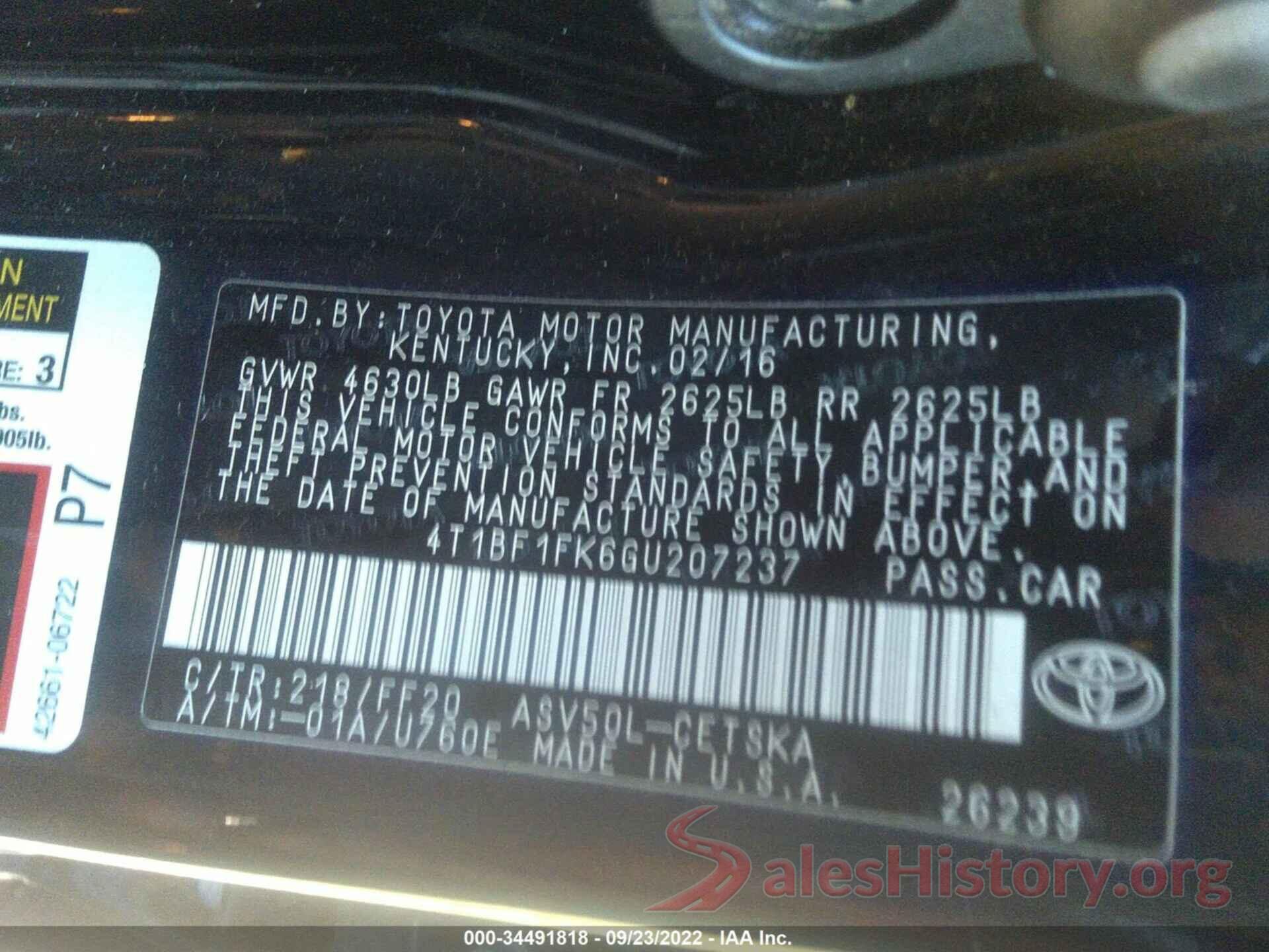 4T1BF1FK6GU207237 2016 TOYOTA CAMRY