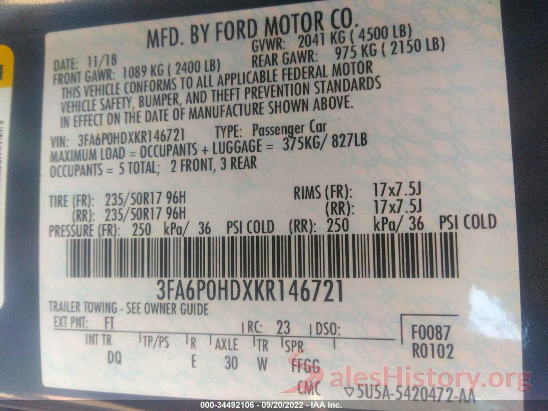 3FA6P0HDXKR146721 2019 FORD FUSION